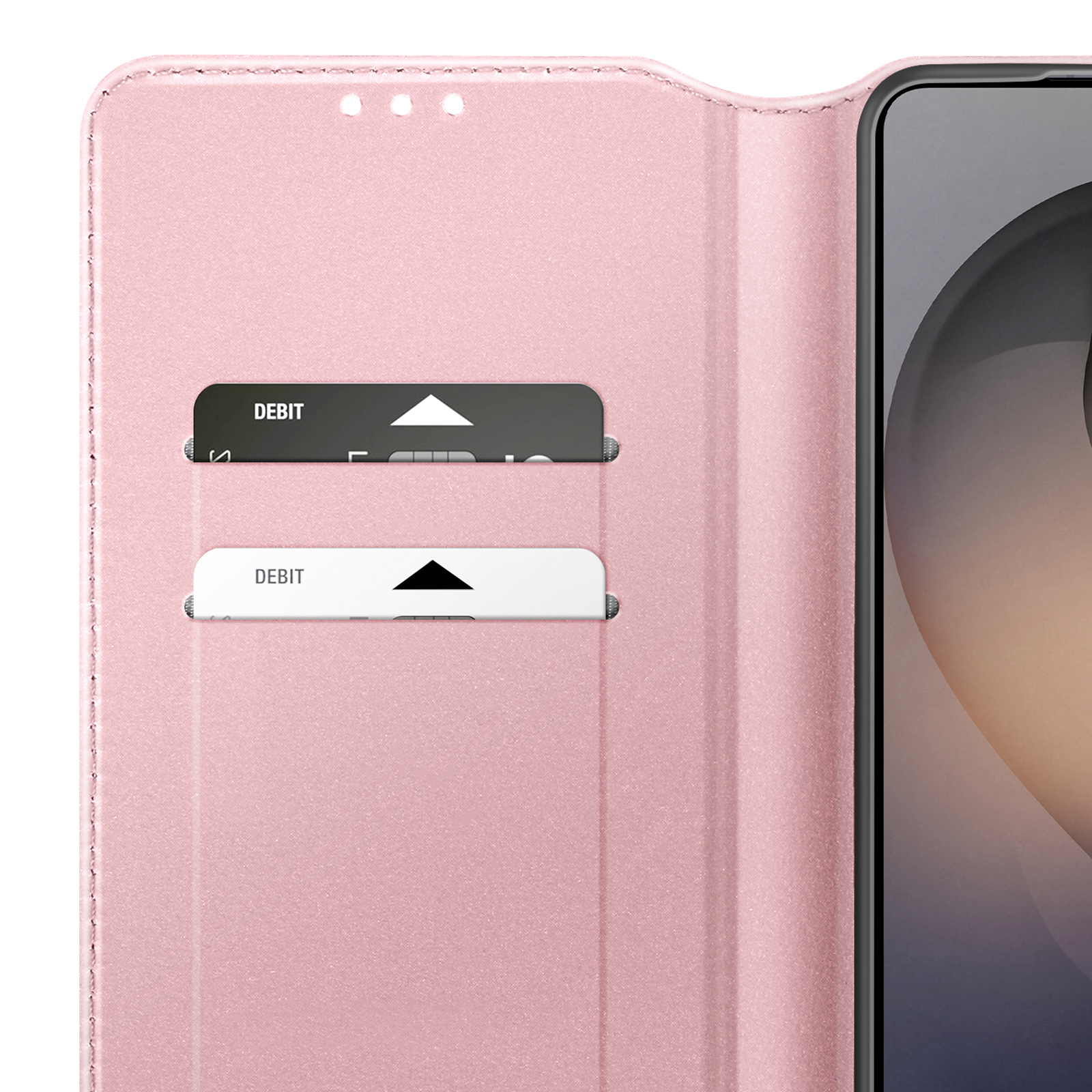 Custodia rosa per telefono con due slot per carte e vista parziale dello schermo.