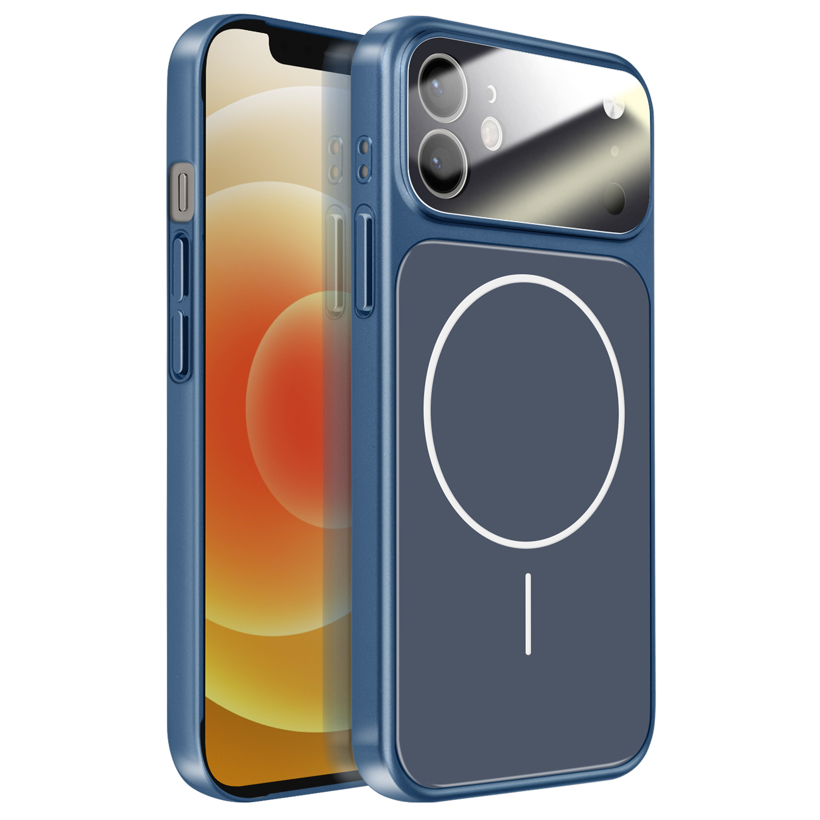 Een blauwe telefoonhoes met twee cameralenzen en een wit cirkelontwerp op de achterkant.