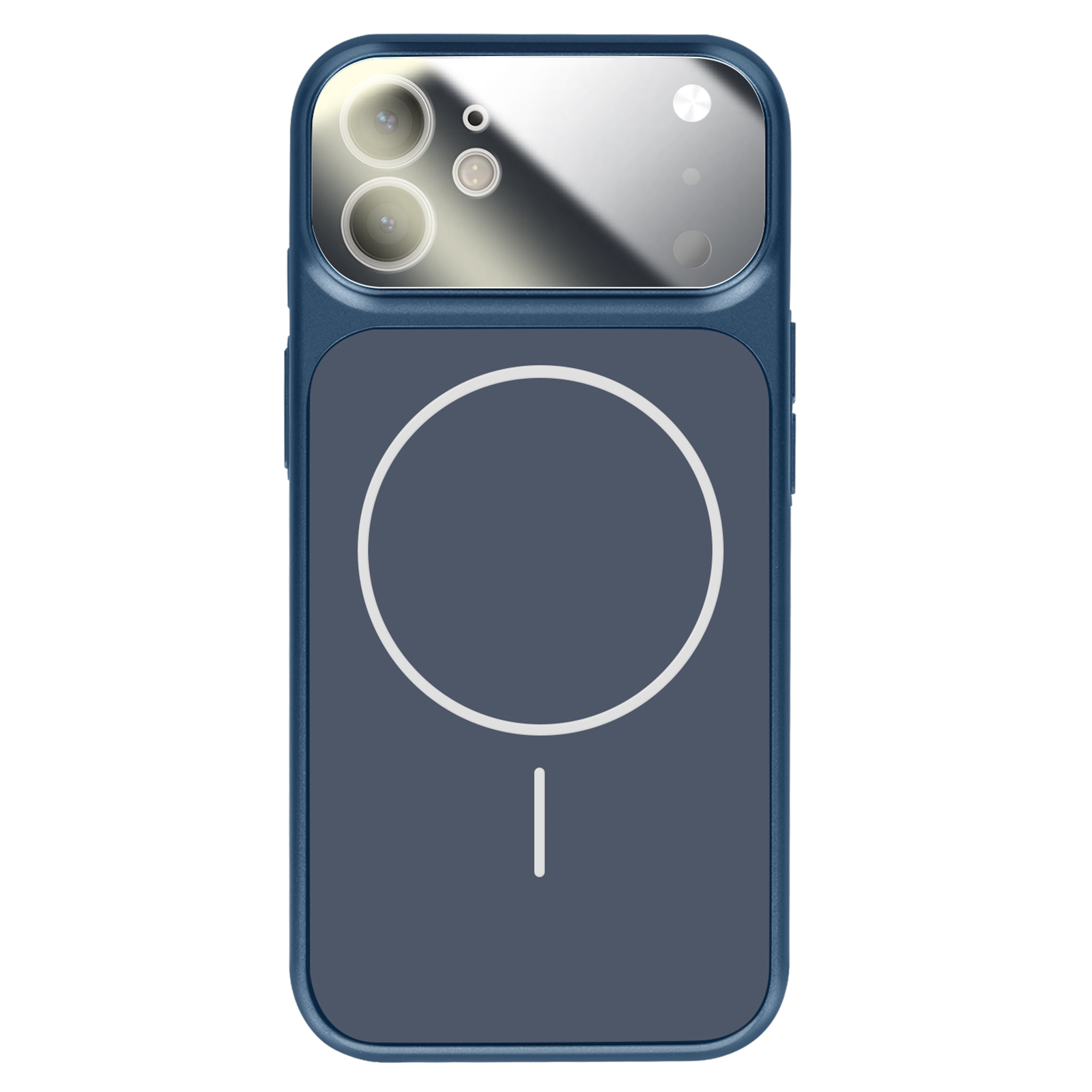 Donkerblauwe telefoonhoes met cameralenzen en wit cirkelvormig logo.