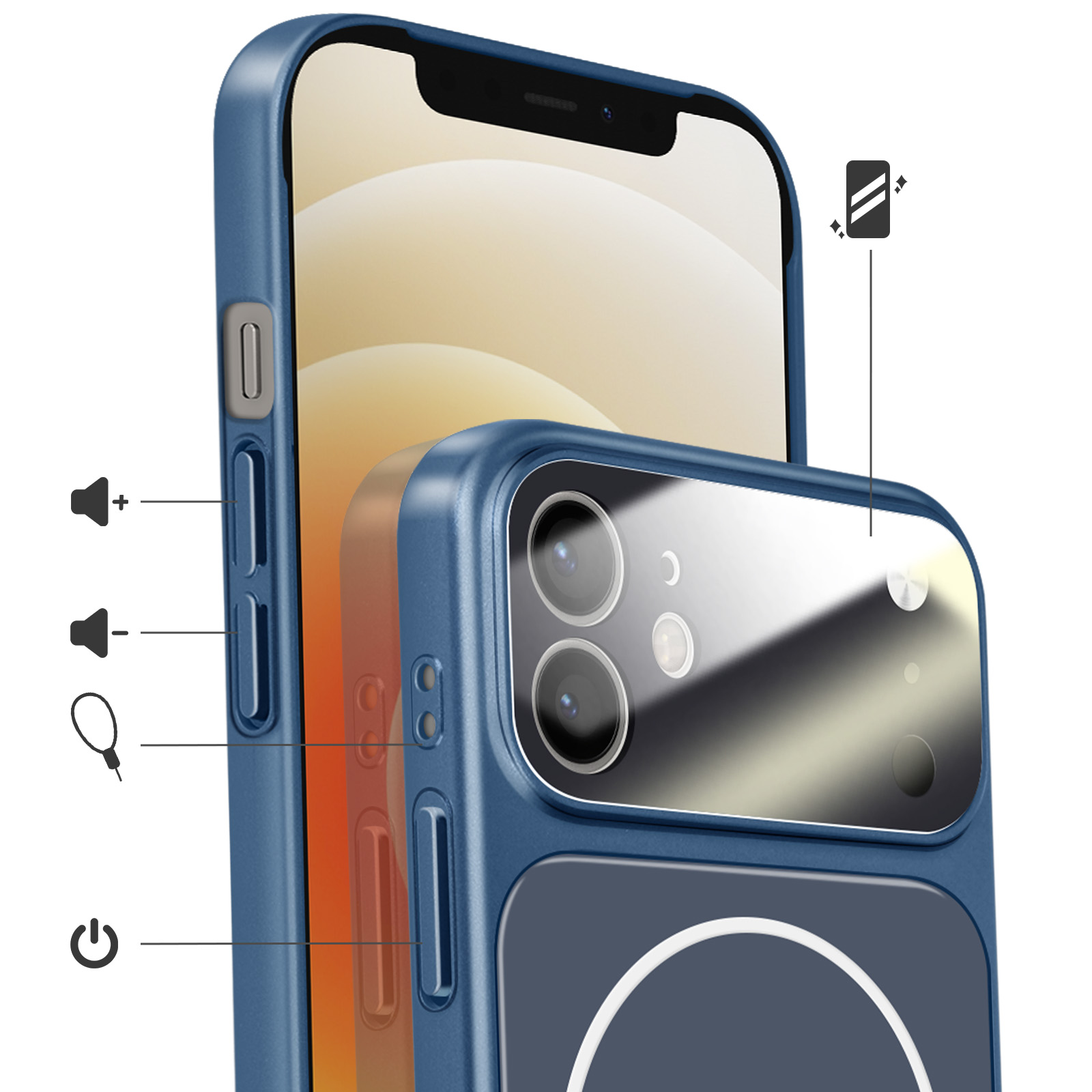 Blauw telefoonhoesje met camera-uitsparing en knoppen.