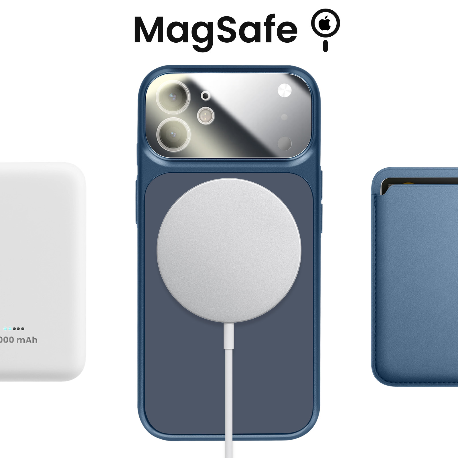 Een witte MagSafe-oplader, een blauwe telefoonhoes met camera's en een blauw kaarthoesje.