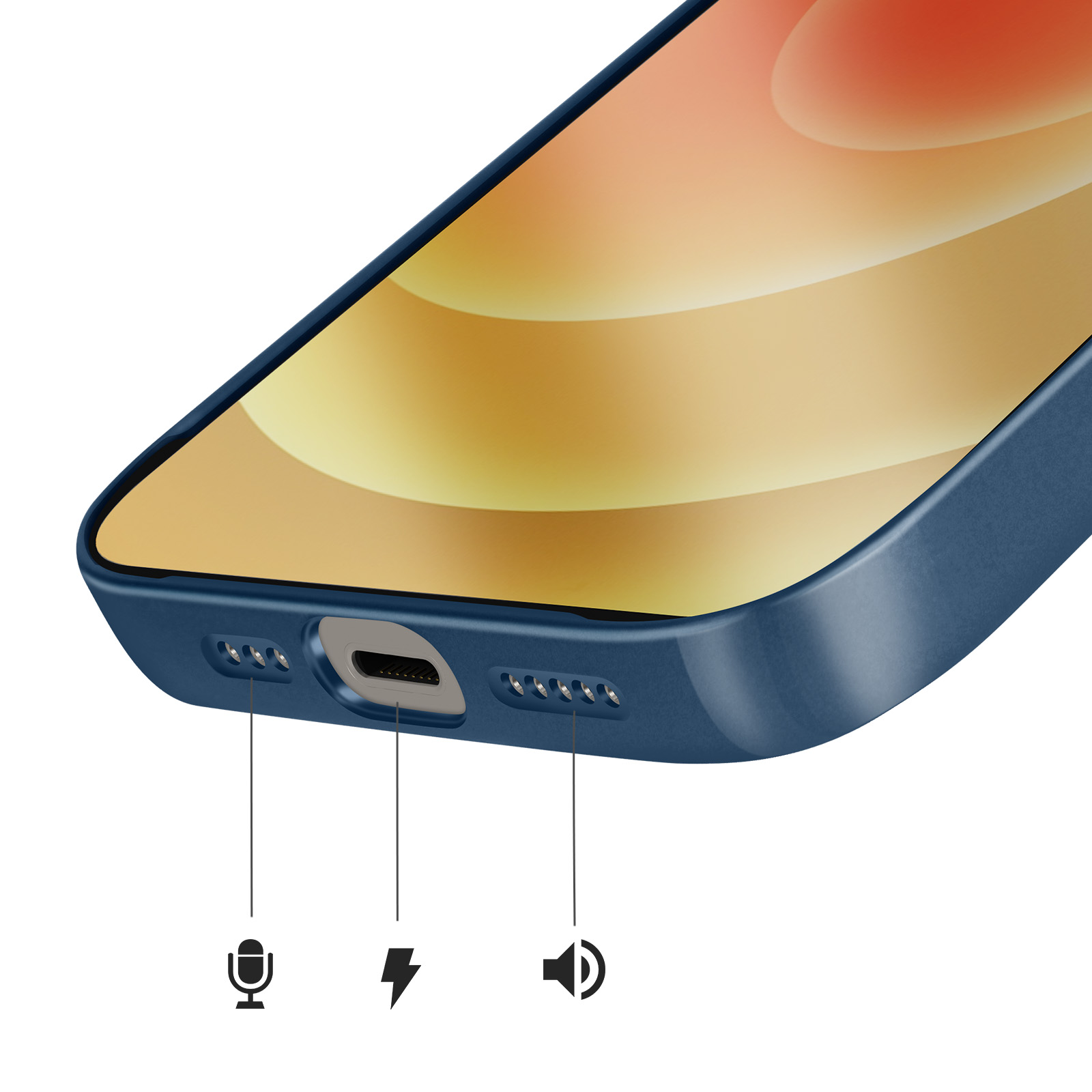 Close-up van de onderrand van een blauwe smartphone, met oplaadpoort, microfoon en luidsprekergaten.