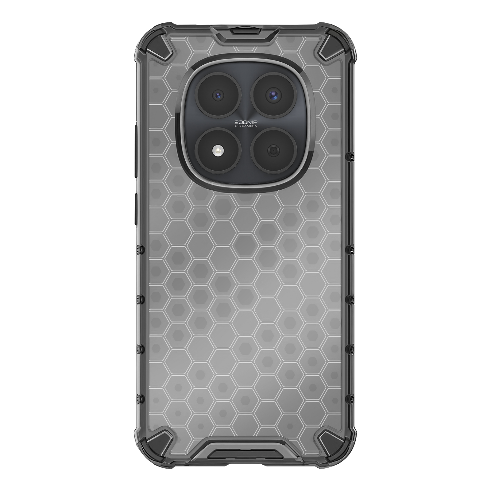 Transparante telefoonhoes met honingraatpatroon en drievoudige camera.