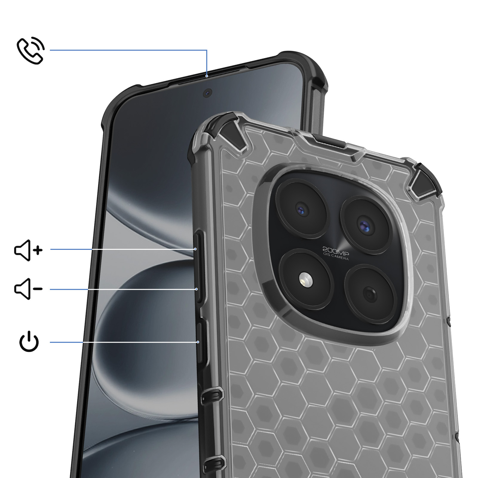 Een smartphone in een hoes die volume-, aan/uit-knoppen en camera toont.
