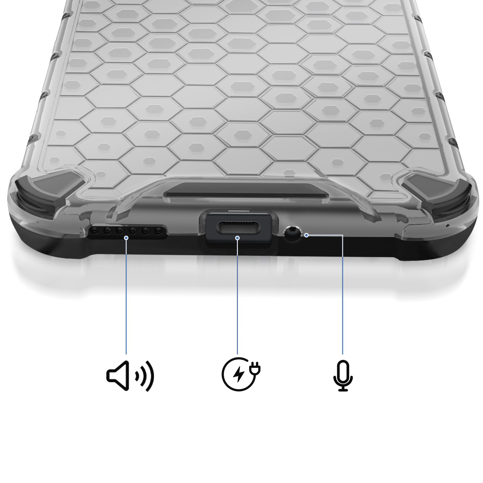Onderkant van een doorzichtige telefoonhoes met hexagonaal patroon en poorten.