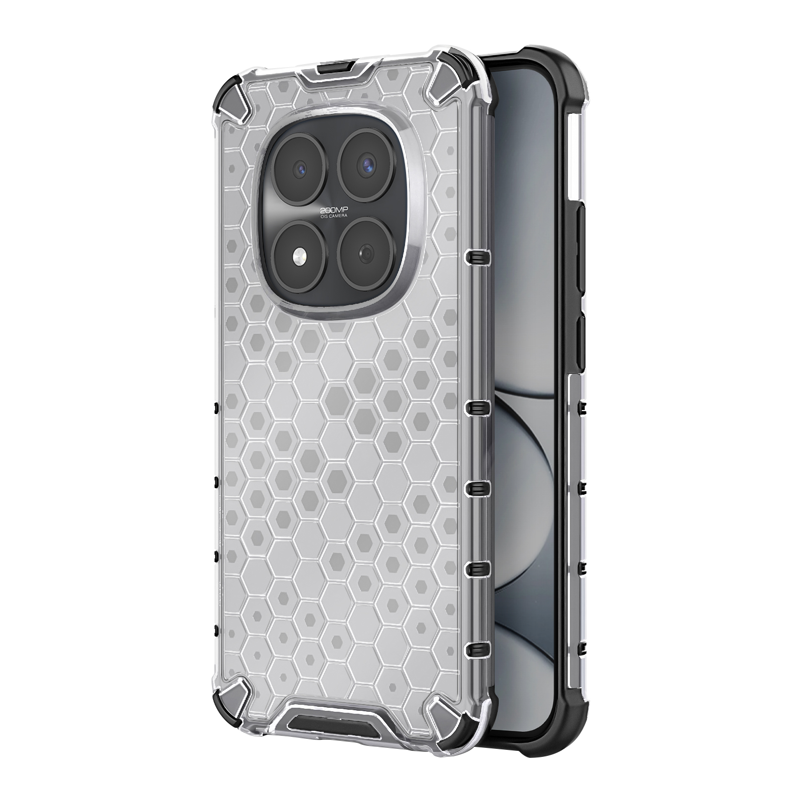 Une coque de téléphone transparente à motif hexagonal et quatre objectifs.