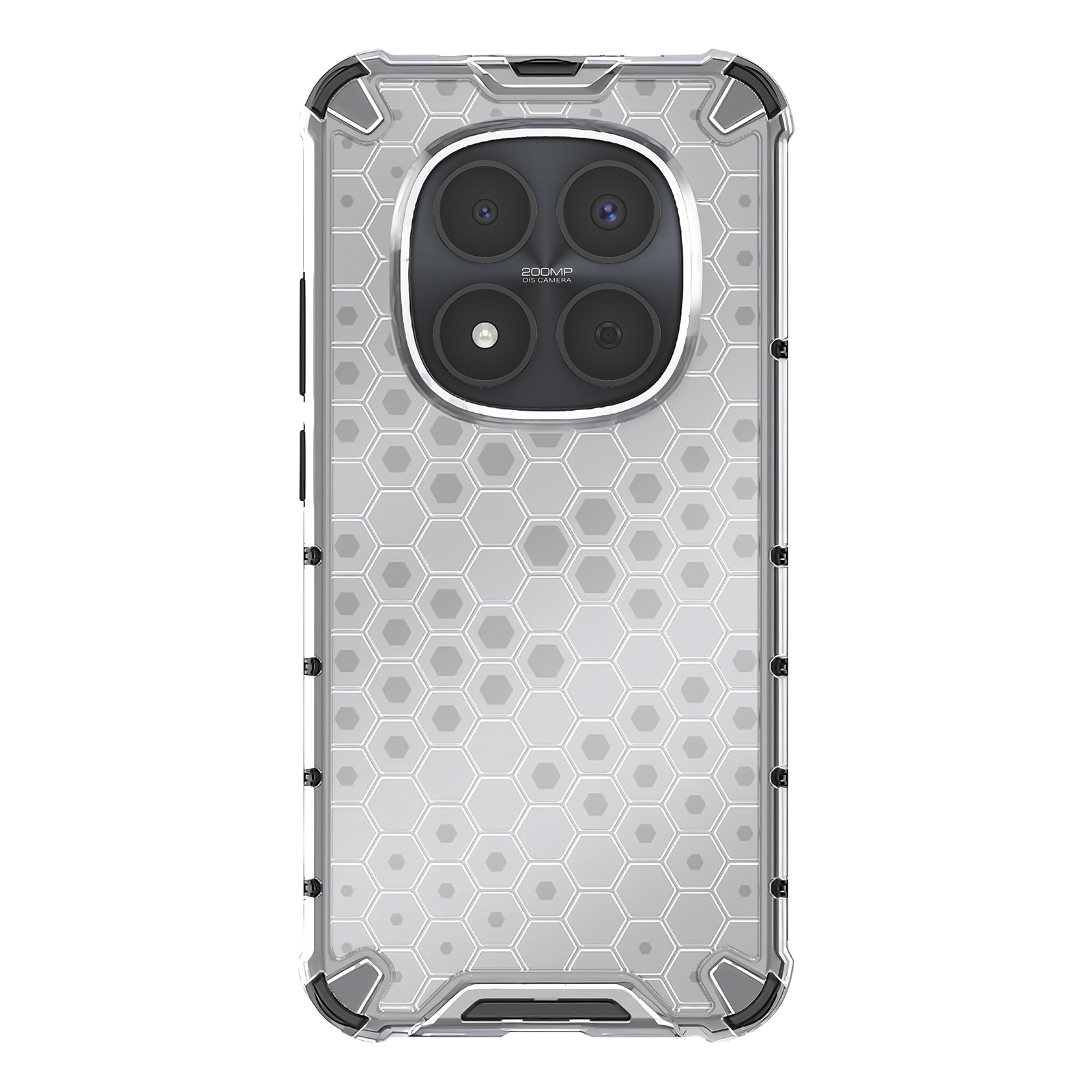 Coque de téléphone transparente à motif nid d'abeille et quatre objectifs.