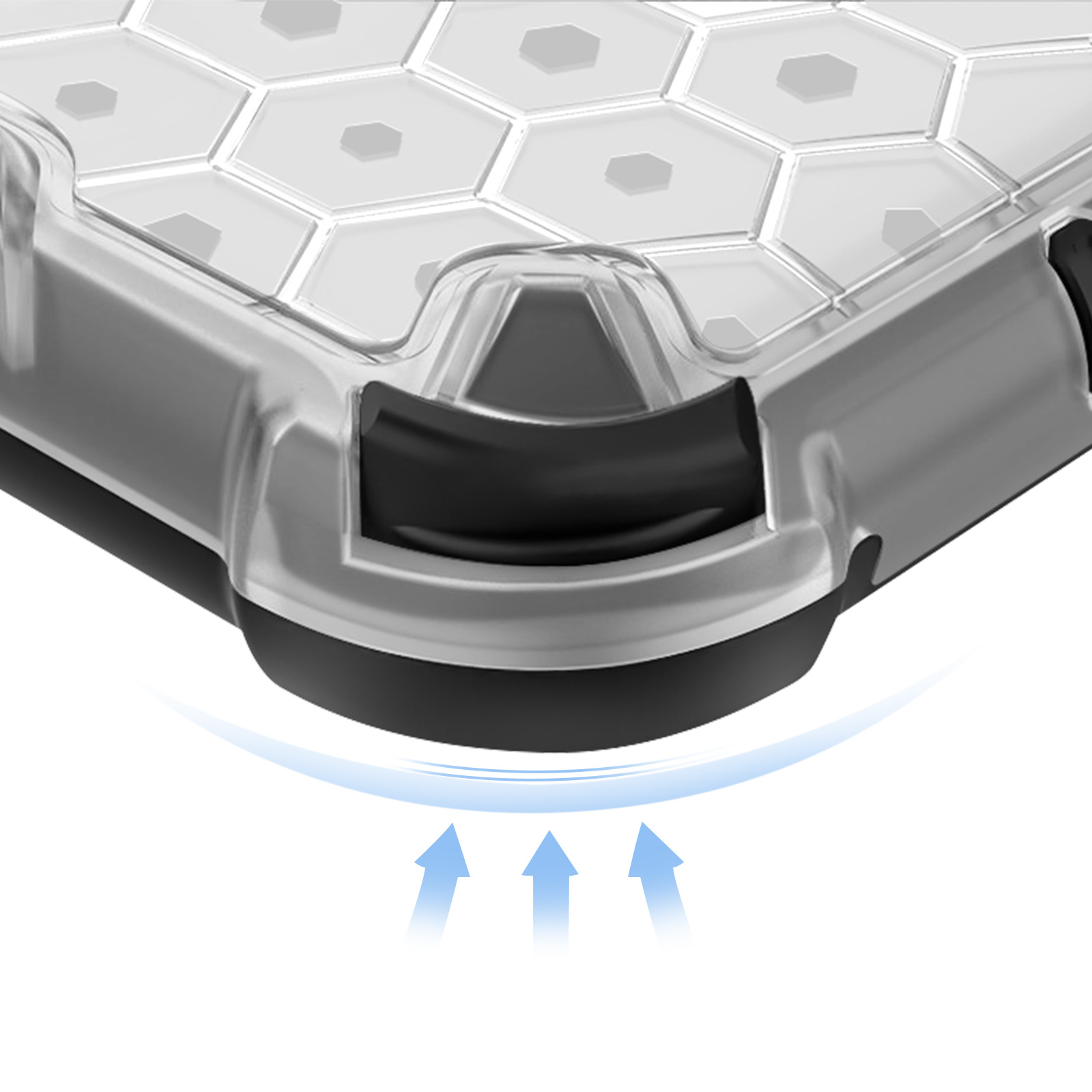 Gros plan d'un bac à glaçons avec compartiments hexagonaux et couvercle transparent.