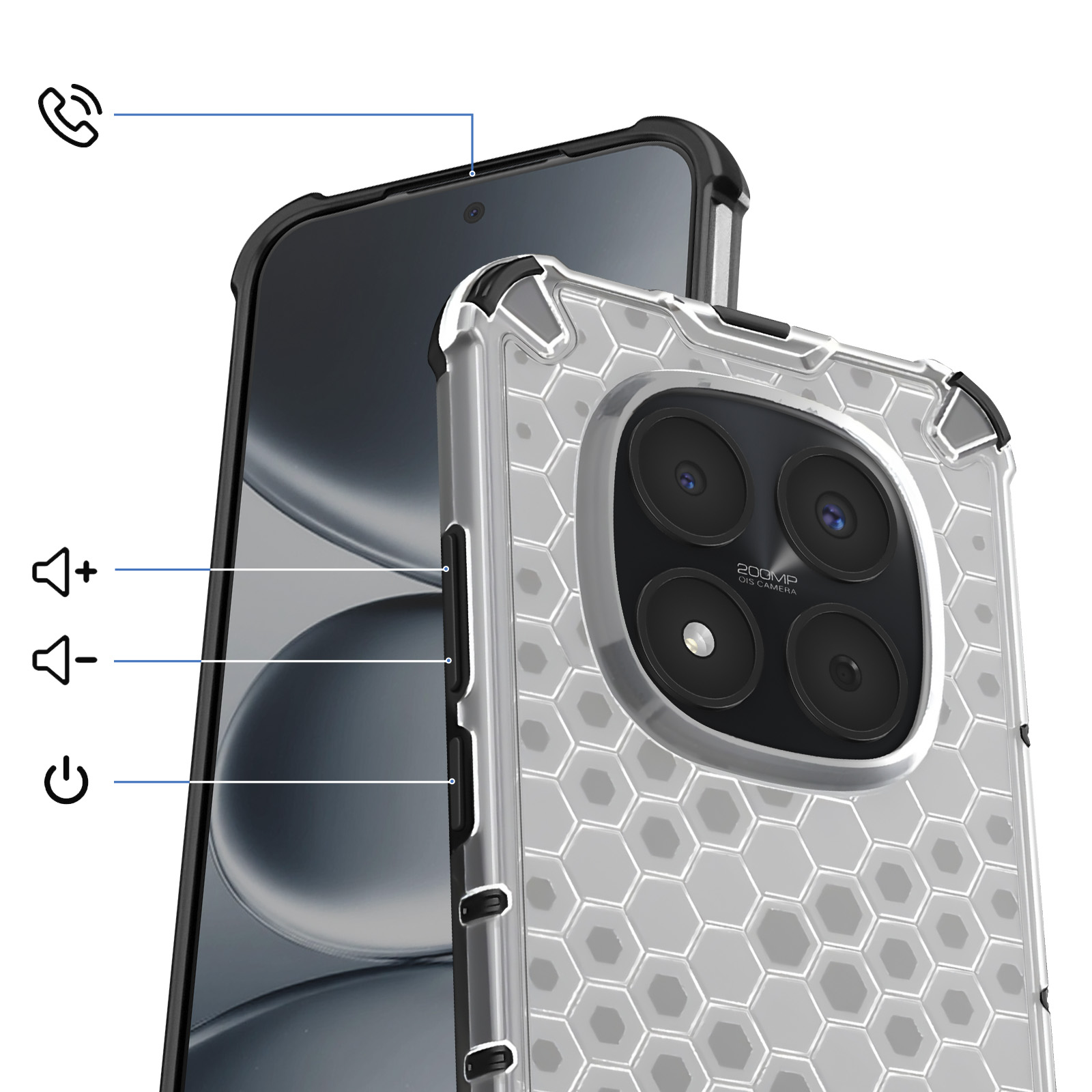 Téléphone avec étui hexagonal transparent, montrant 4 caméras et boutons volume/alimentation.