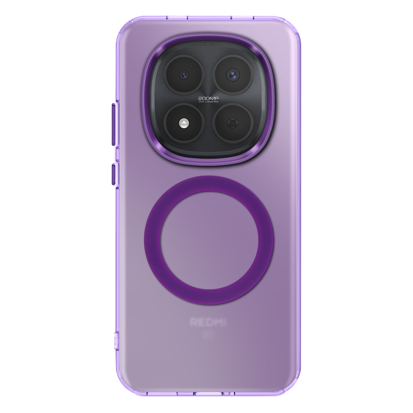 Paarse telefoonhoes met camera-array en violette ring.