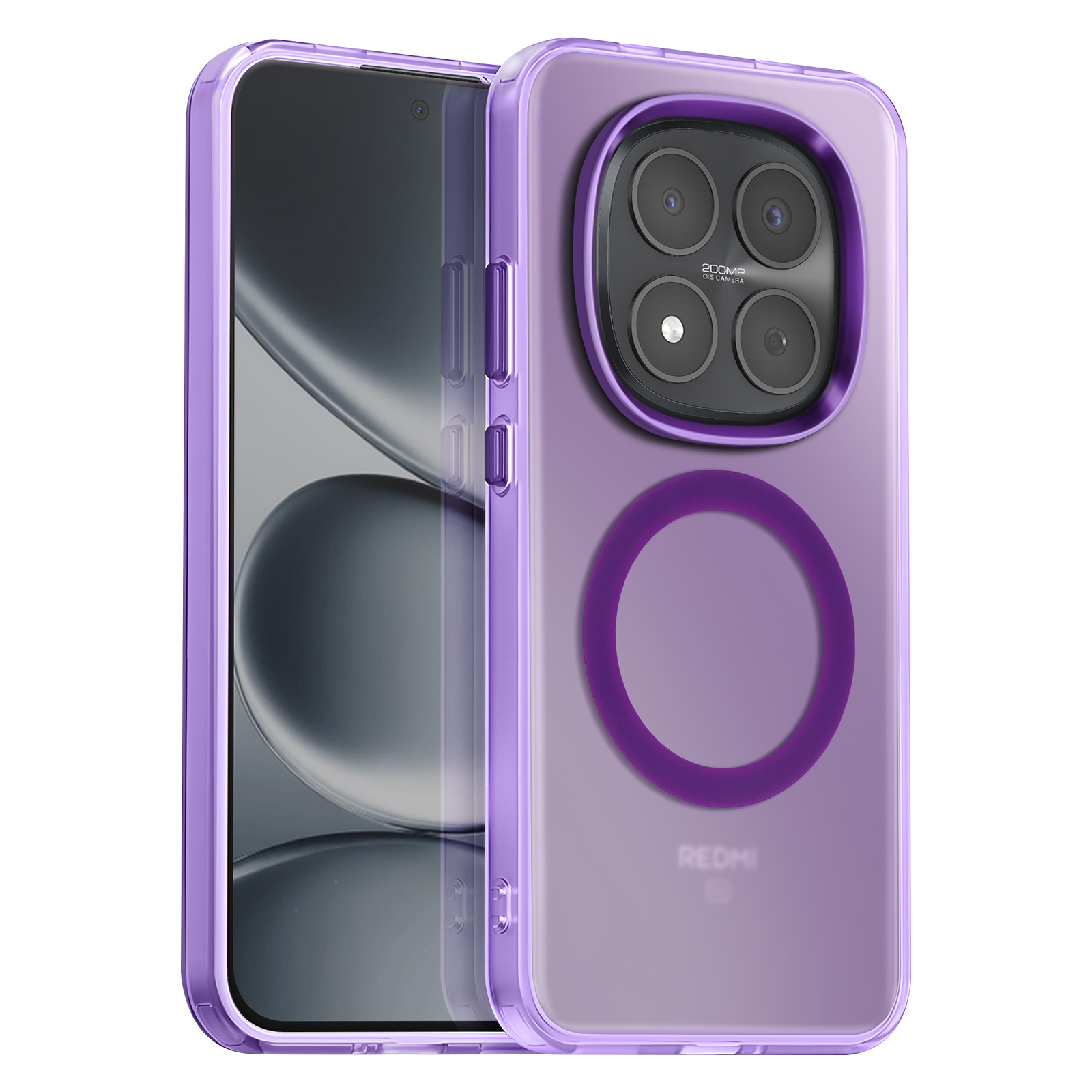 Een paarse telefoonhoes met vier camera's en een ring. Het REDMI logo is zichtbaar.