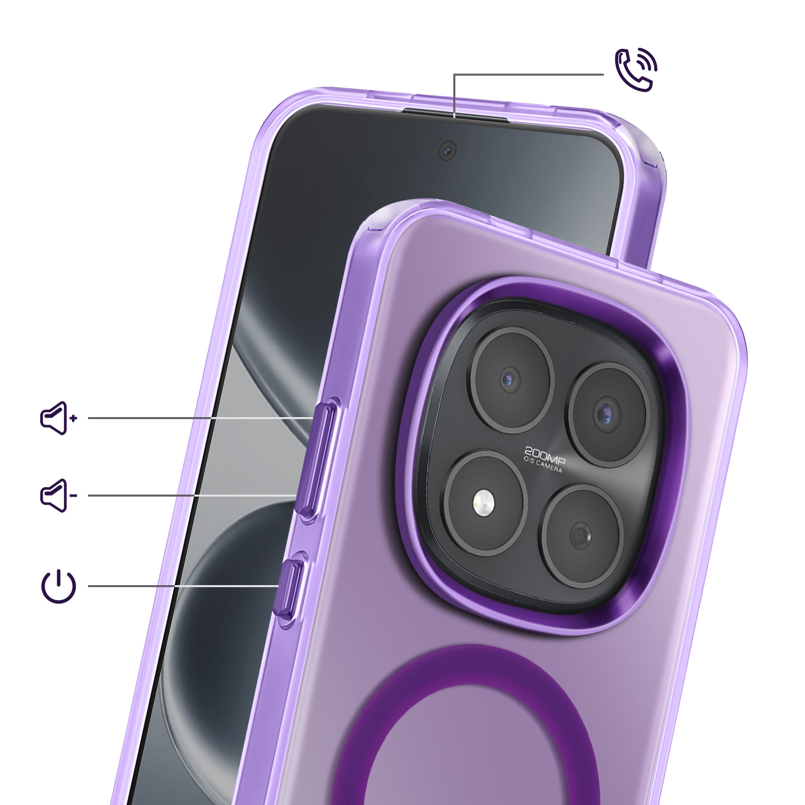 Paarse transparante telefoonhoes met camera en knoppen. Witte iconen geven functies aan.