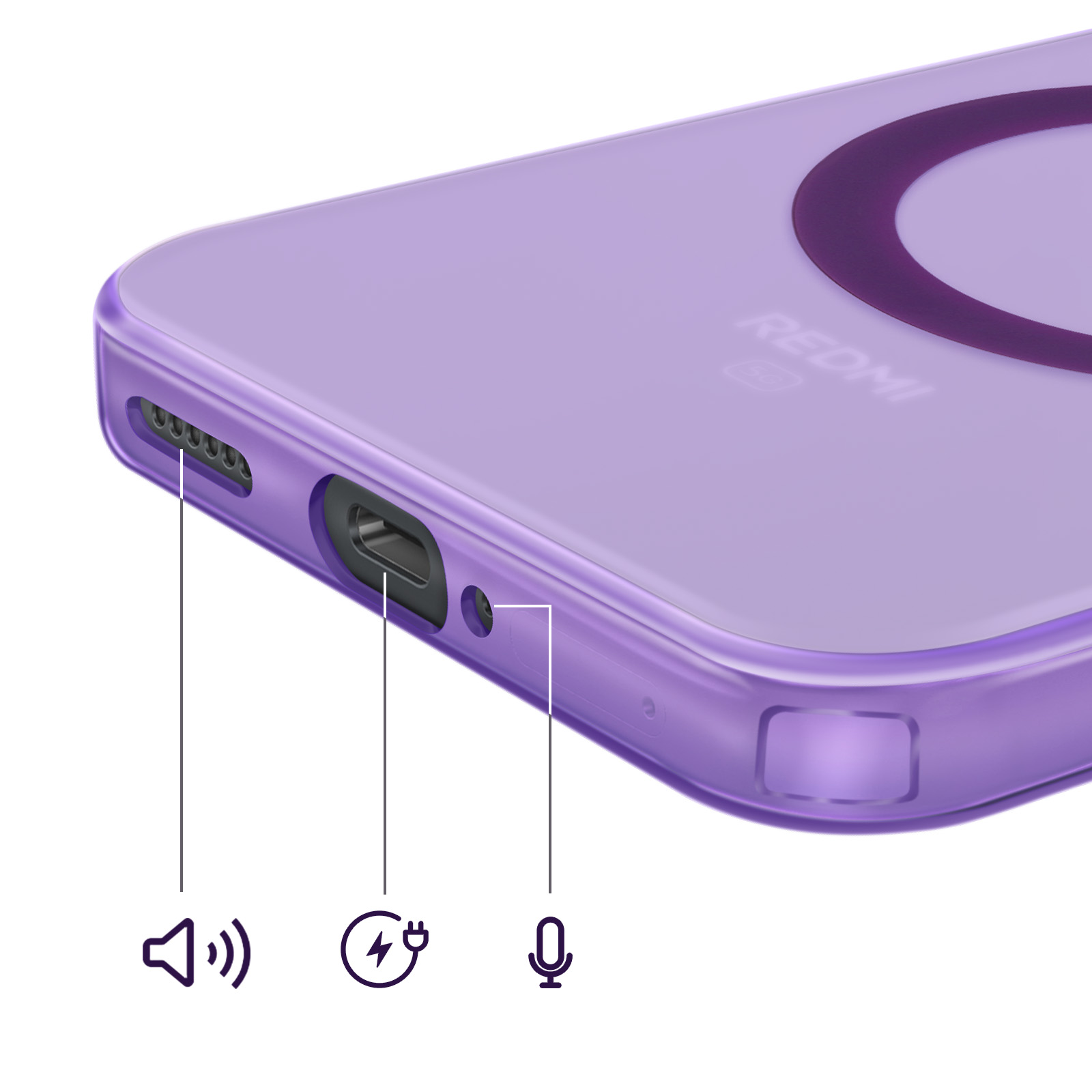 Paarse telefoonhoes met luidspreker-, laad- en microfoonaansluitingen.