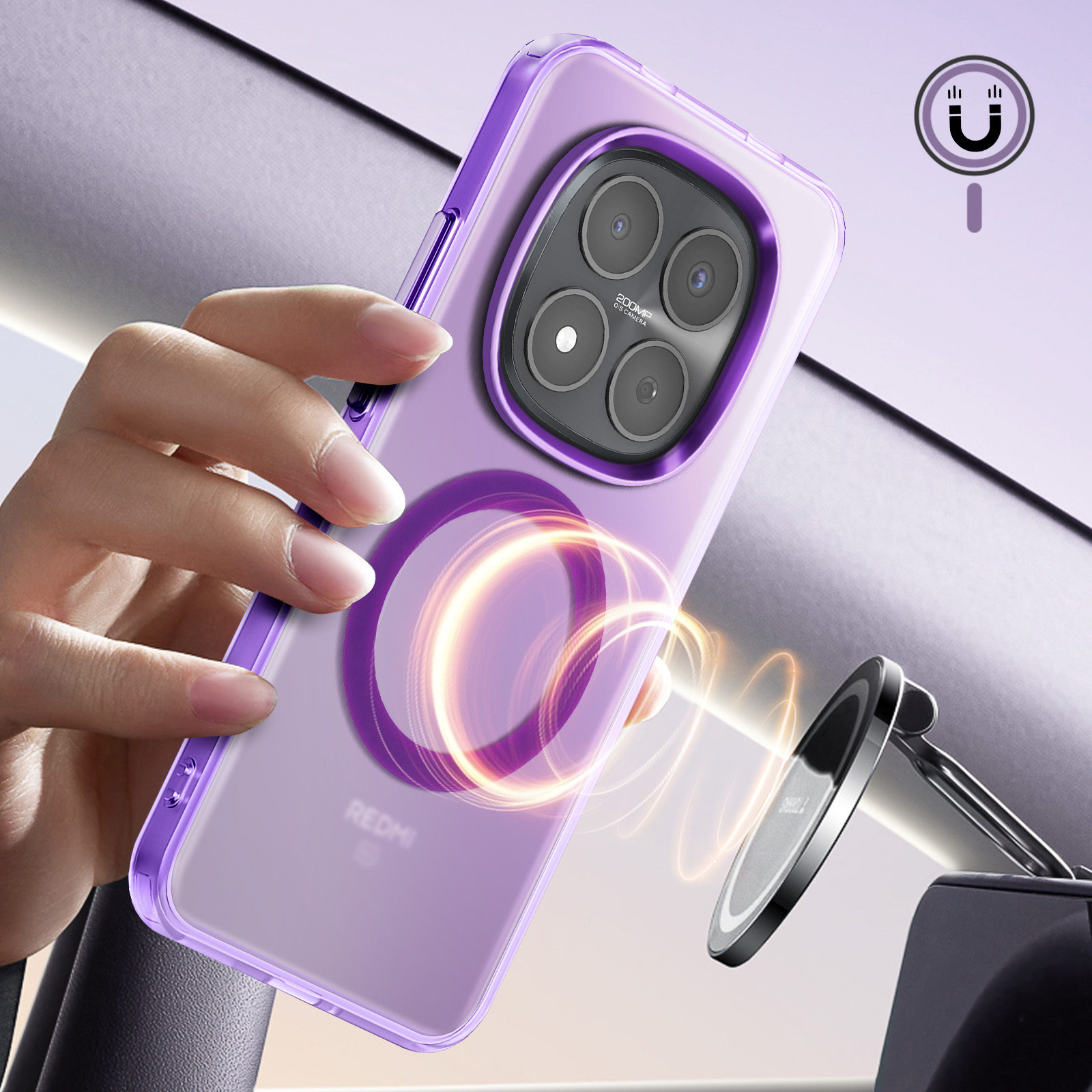 Een hand houdt een paarse telefoon vast met magnetische ringhouder en 200MP camera.