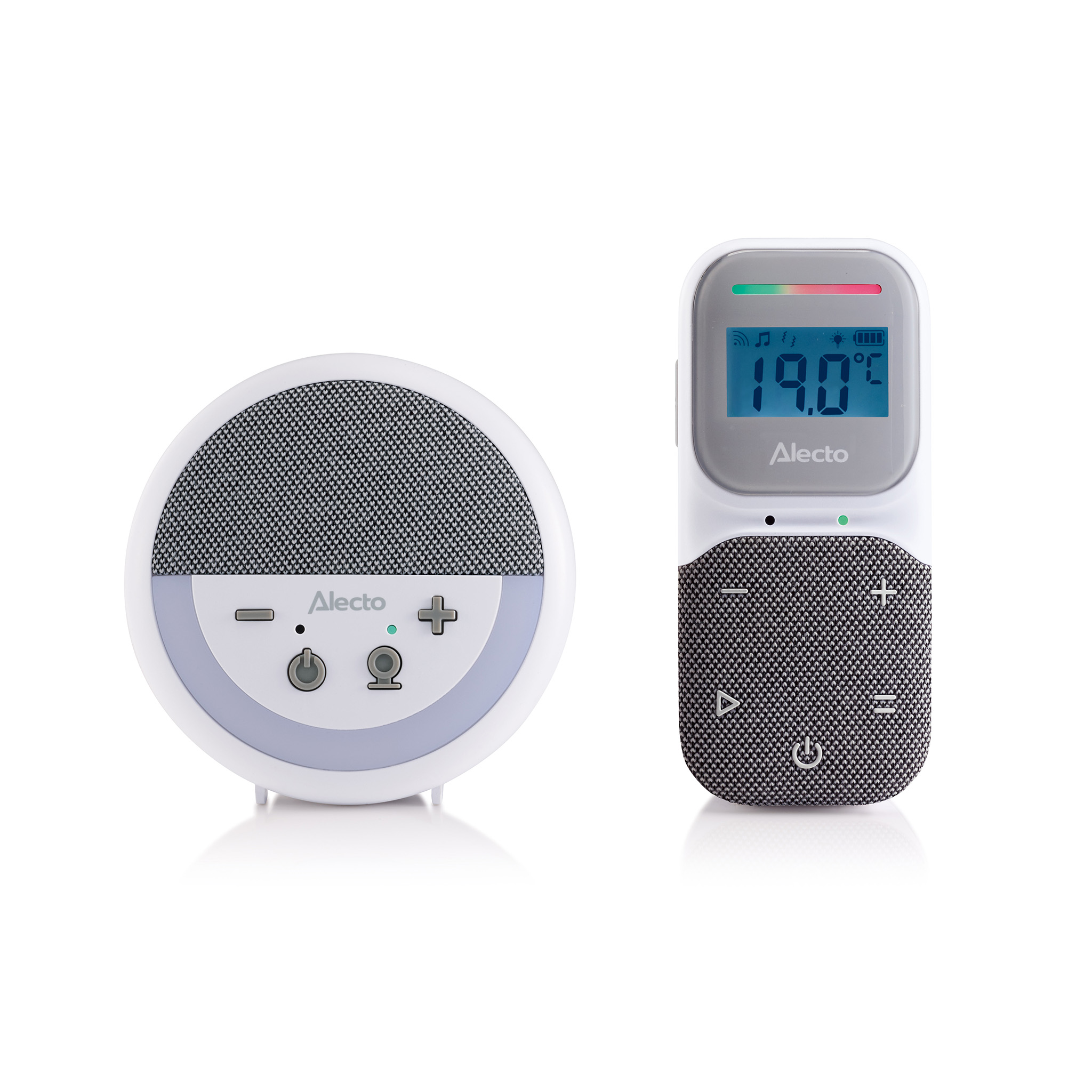 Un babyphone Alecto avec émetteur et récepteur sur fond blanc.