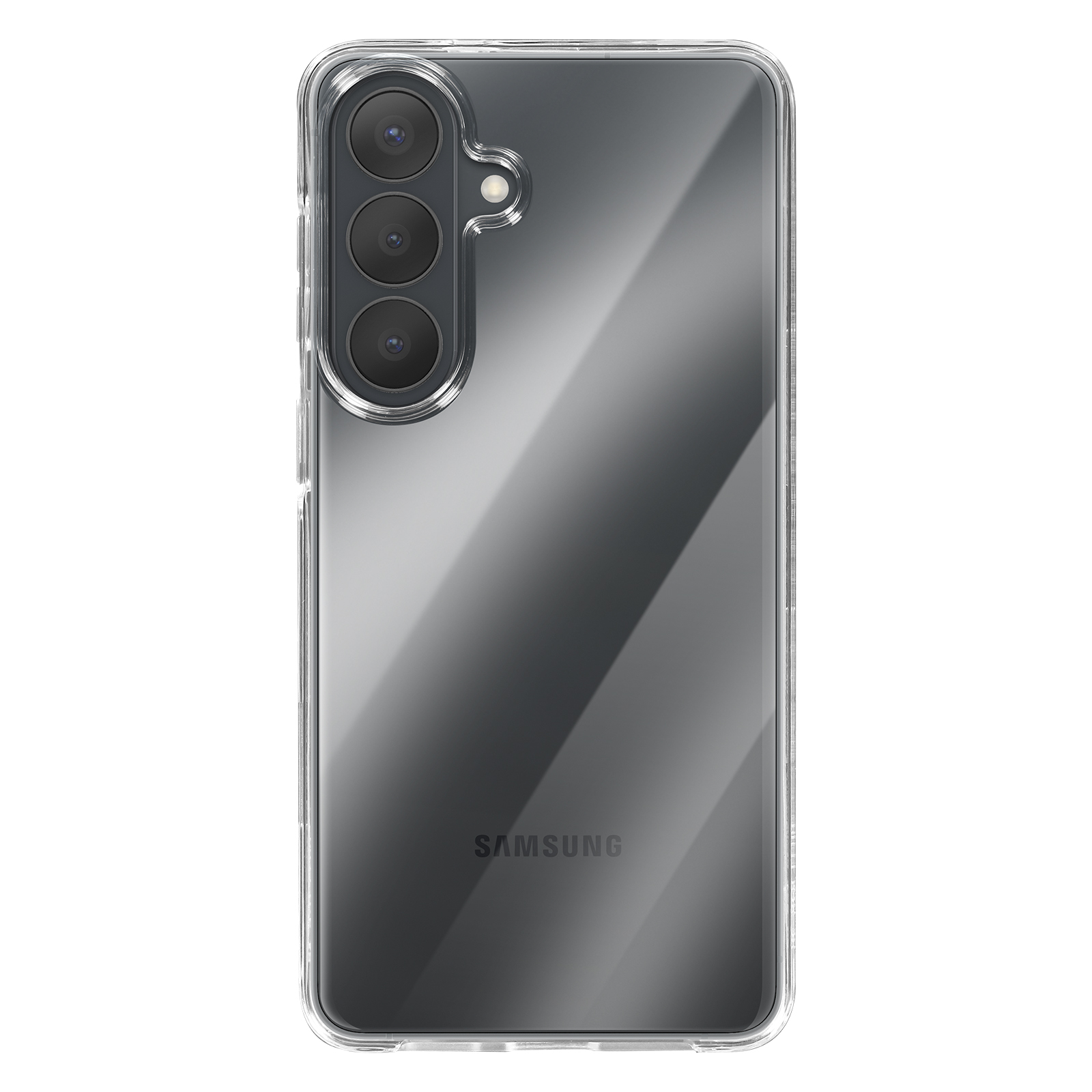 Custodia trasparente per telefono con tre fotocamere e logo Samsung.