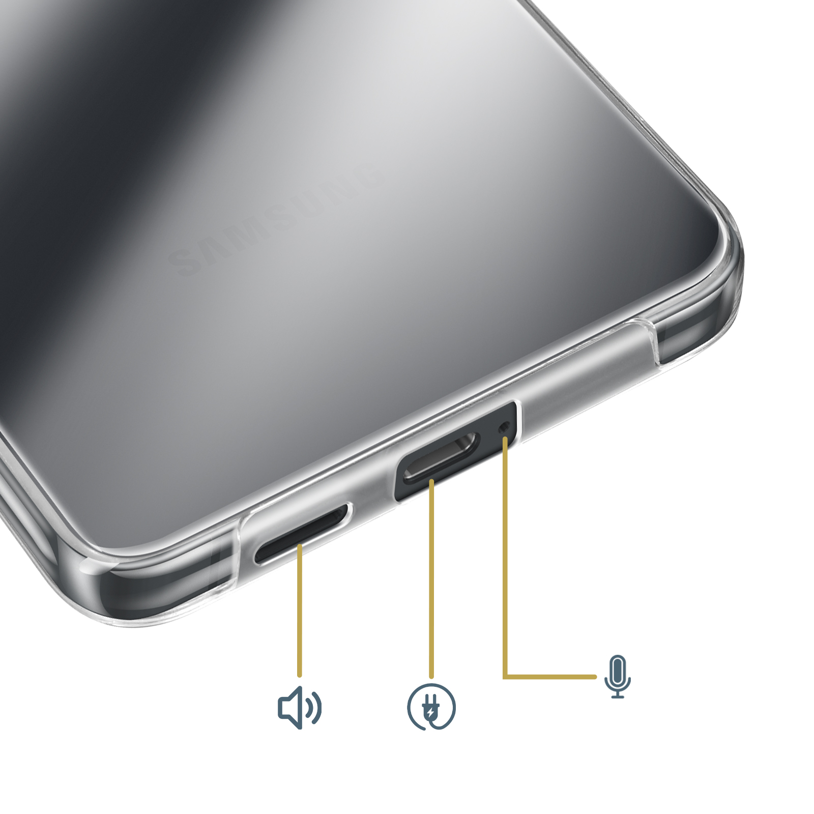 Primo piano di una cover trasparente per telefono con porte e icone.