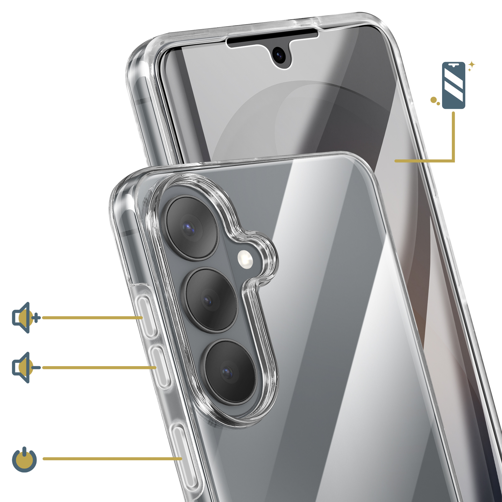 Custodia trasparente per telefono mostra tre fotocamere e pulsanti volume.