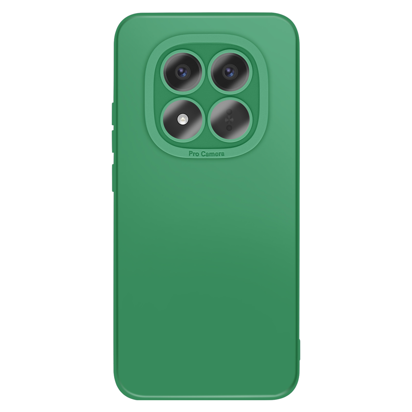 Coque de téléphone verte avec quatre caméras et un flash.