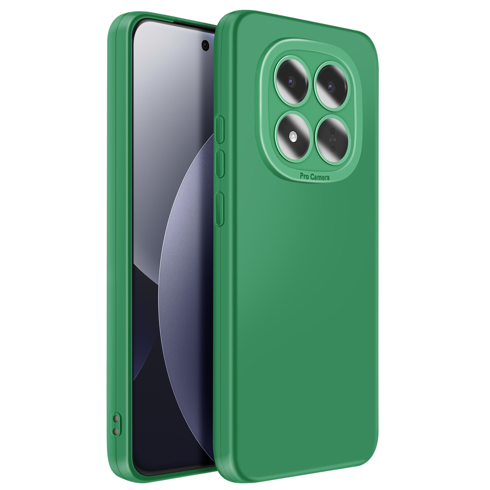 Coque de téléphone verte avec quatre objectifs et inscription "Pro Camera".