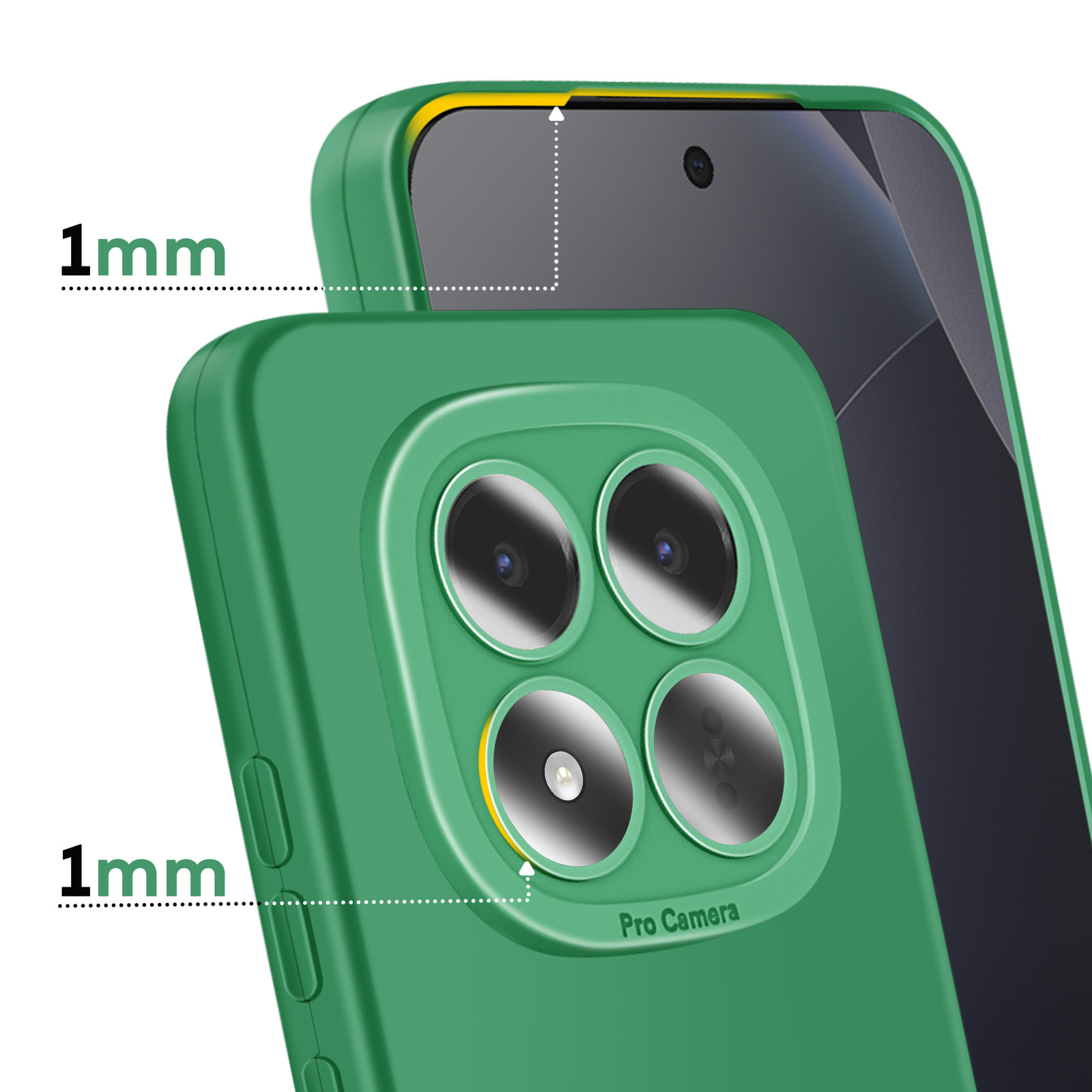 Coque de téléphone verte avec rebord surélevés de 1mm.