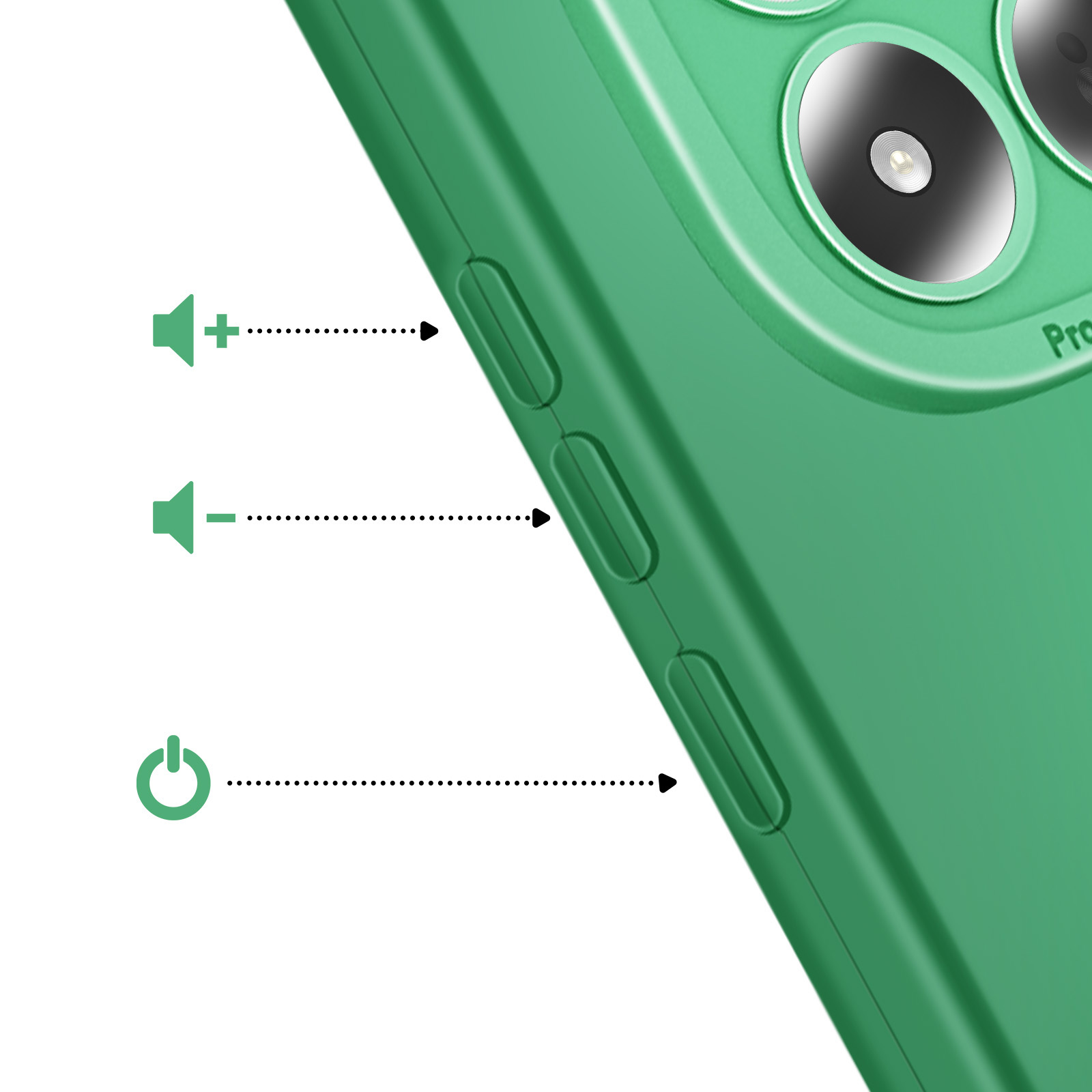 Coque de téléphone verte avec boutons de volume, d'alimentation et module caméra.