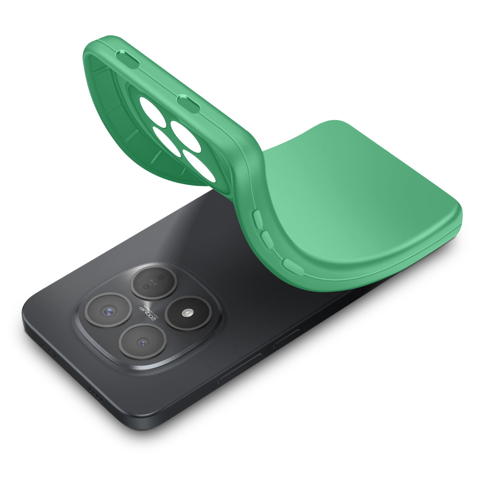 Coque de téléphone verte sur un smartphone noir à quatre caméras.