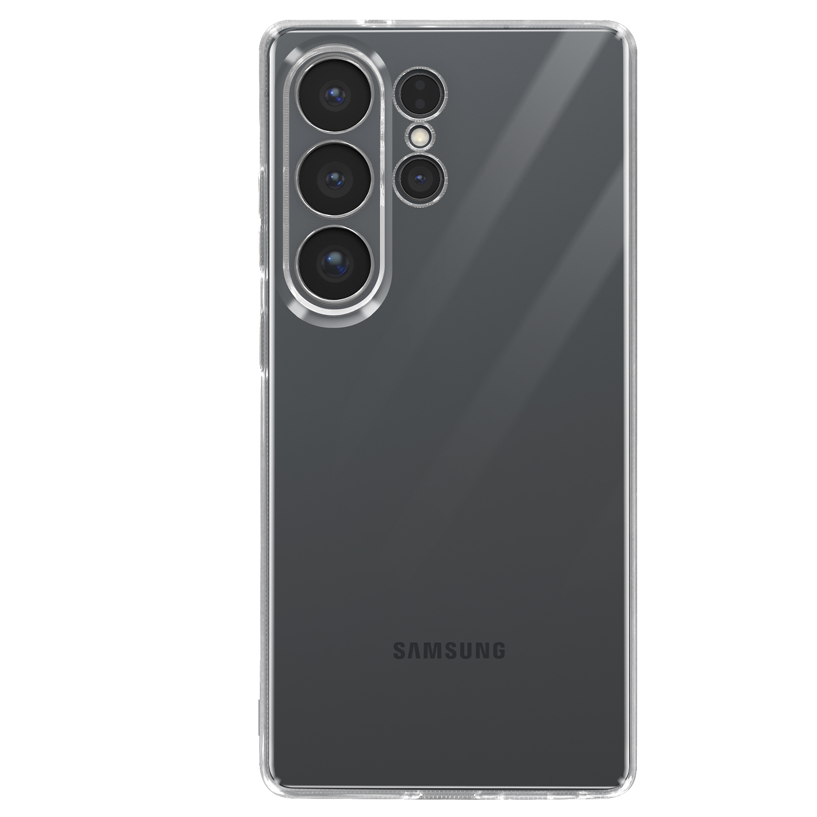 Uno smartphone trasparente con quattro fotocamere e il logo Samsung.