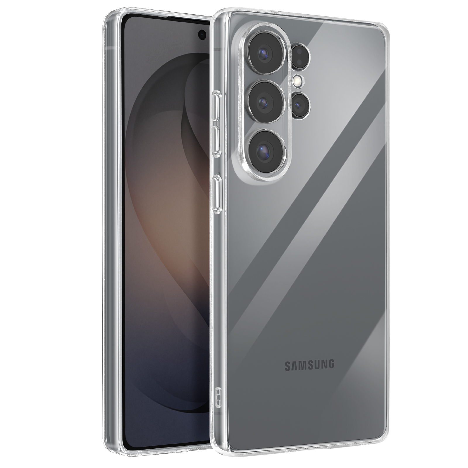 Una custodia trasparente protegge uno smartphone con tre fotocamere.