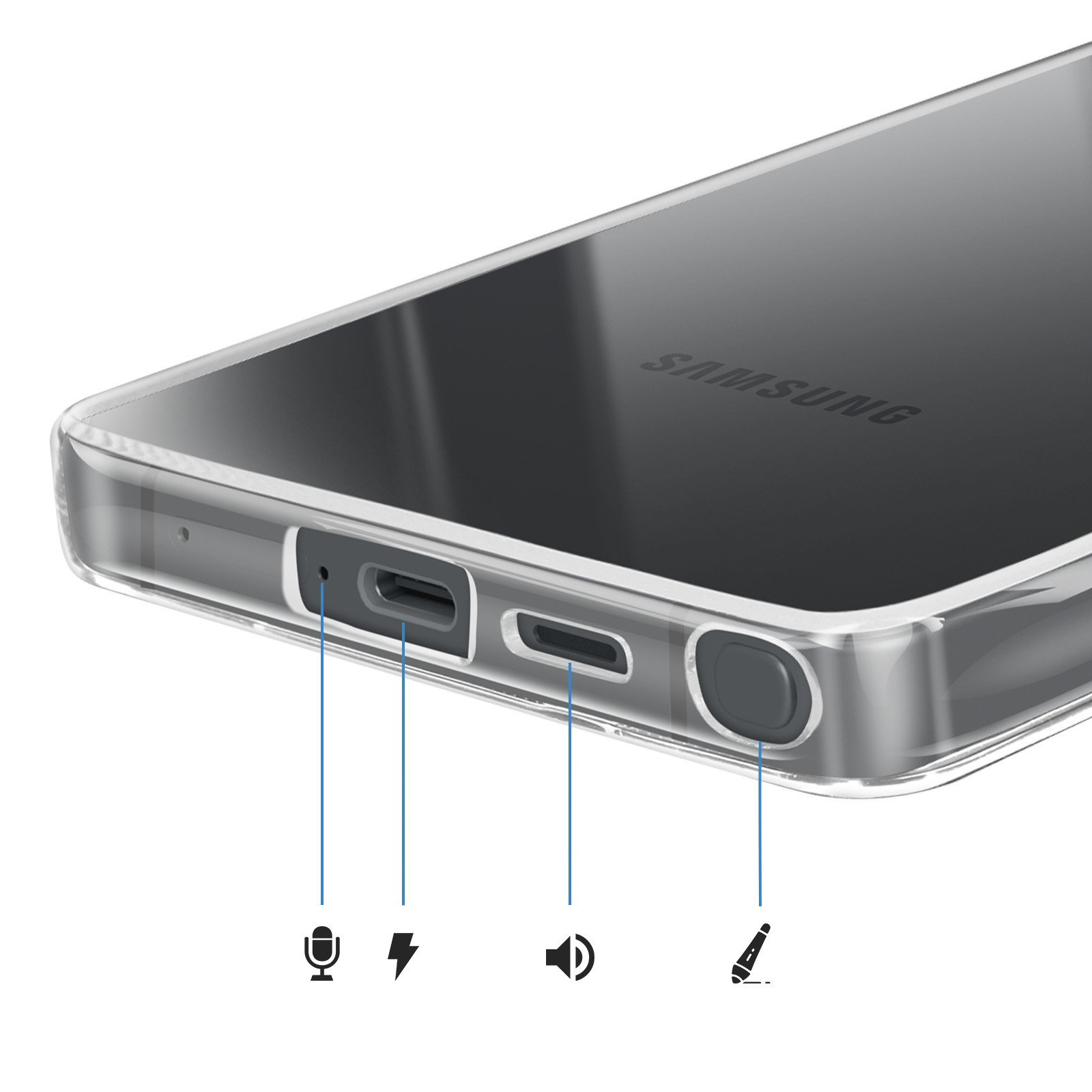 Primo piano del bordo inferiore di una custodia trasparente per smartphone.