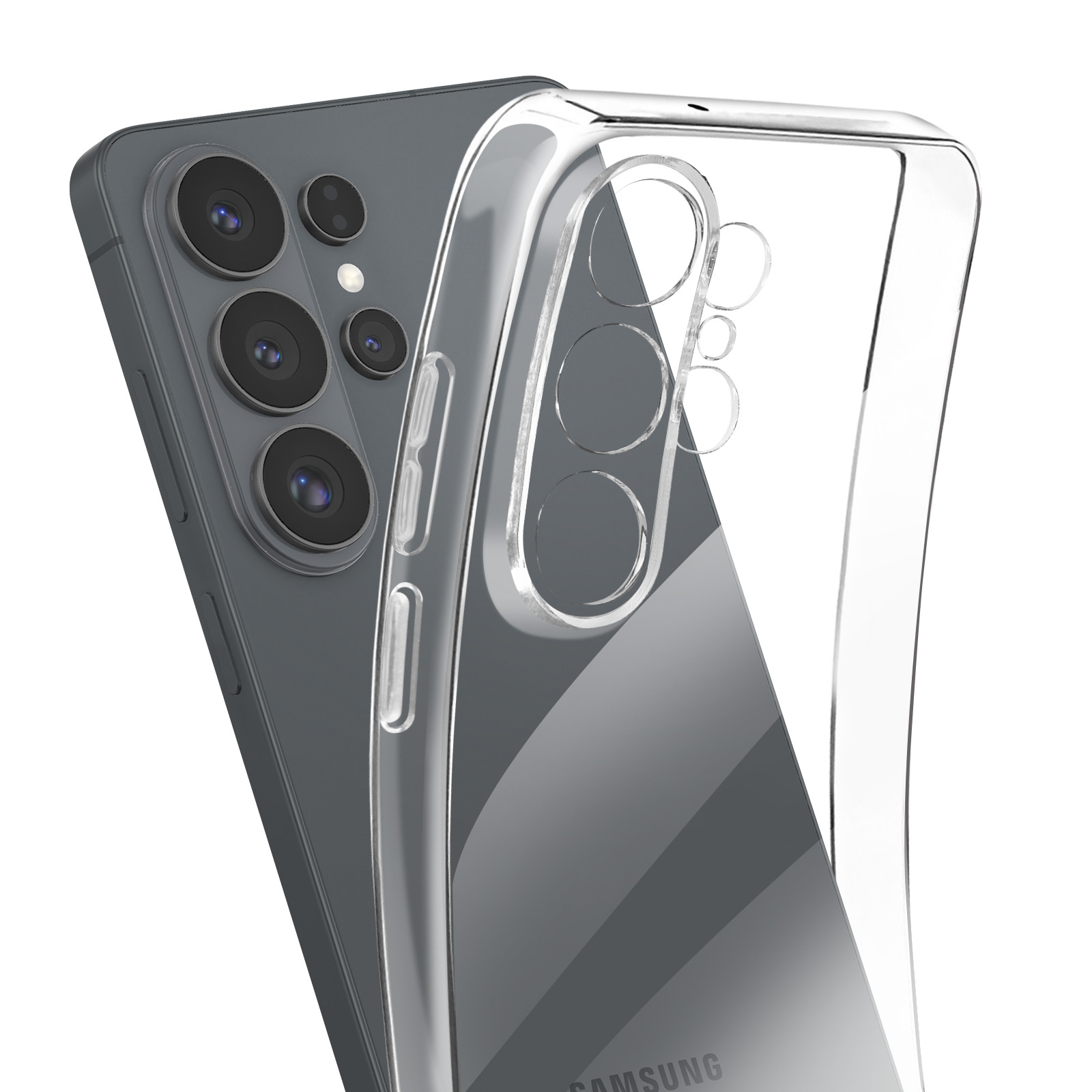 Una custodia trasparente per telefono giace accanto a uno smartphone grigio con quattro fotocamere.