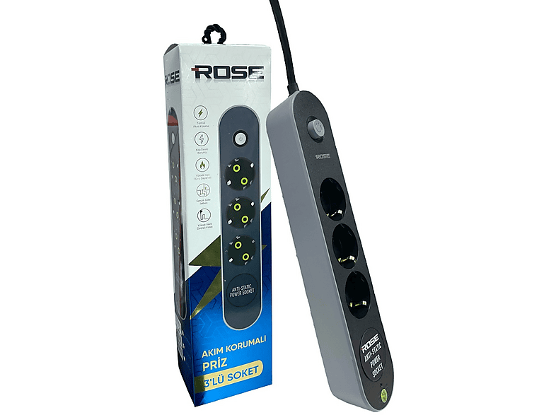 ROSE GR-300 3'lü 5 Metre Kablolu Akım Korumalı Grup Priz