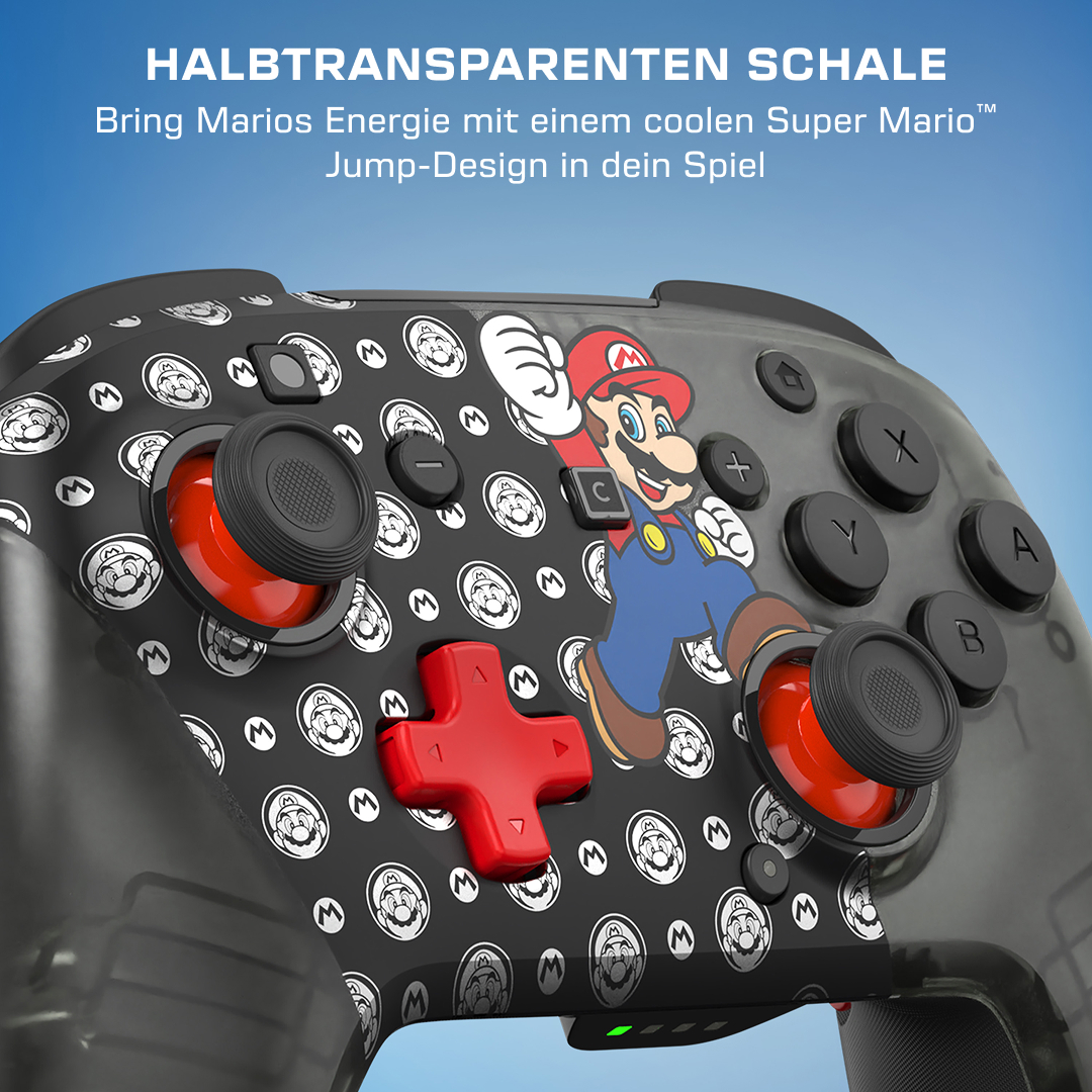 Ein halbtransparenter Controller mit Super Mario-Motiv und roten Akzenten.