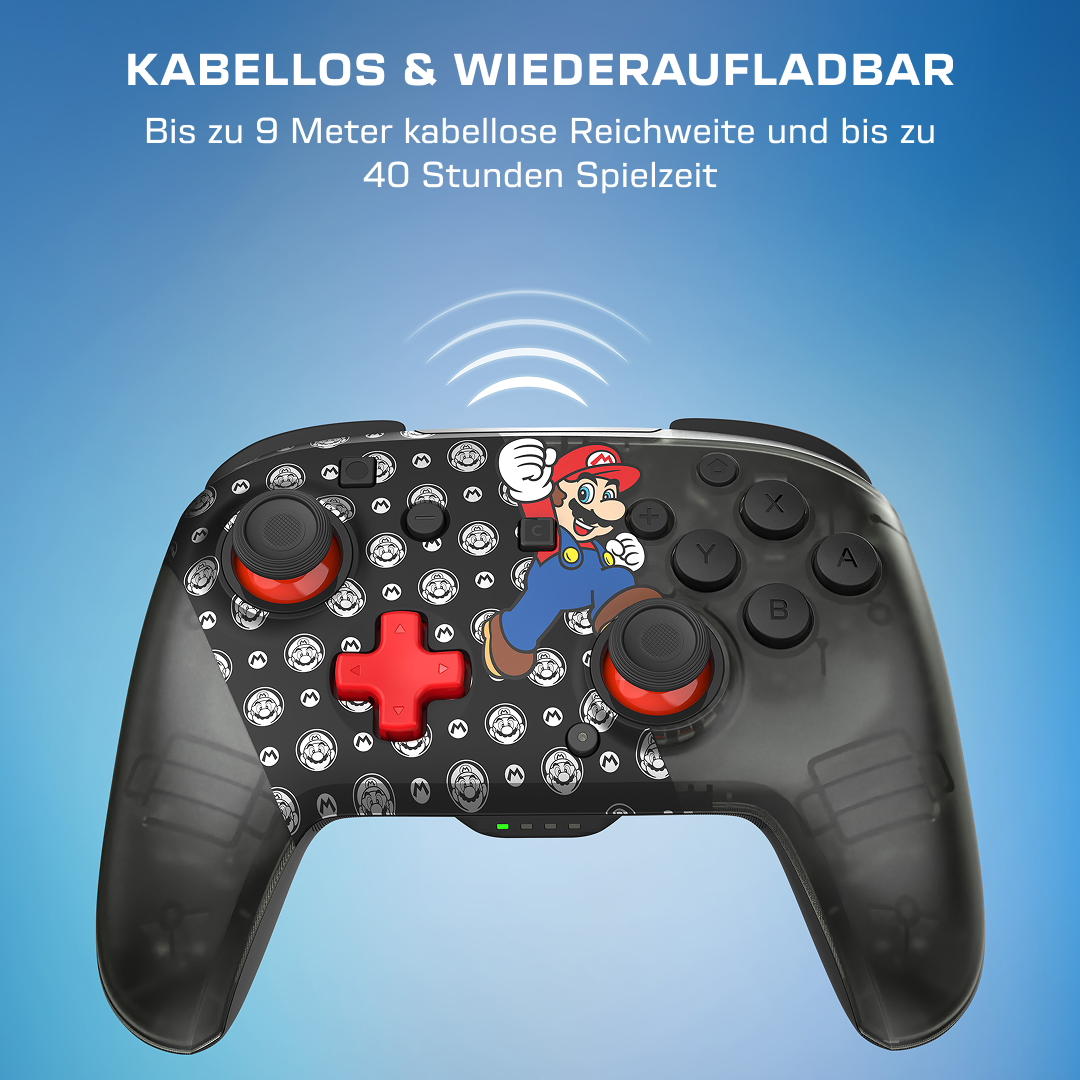 Kabelloser Controller mit Mario-Design, 9m Reichweite, 40h Spielzeit.