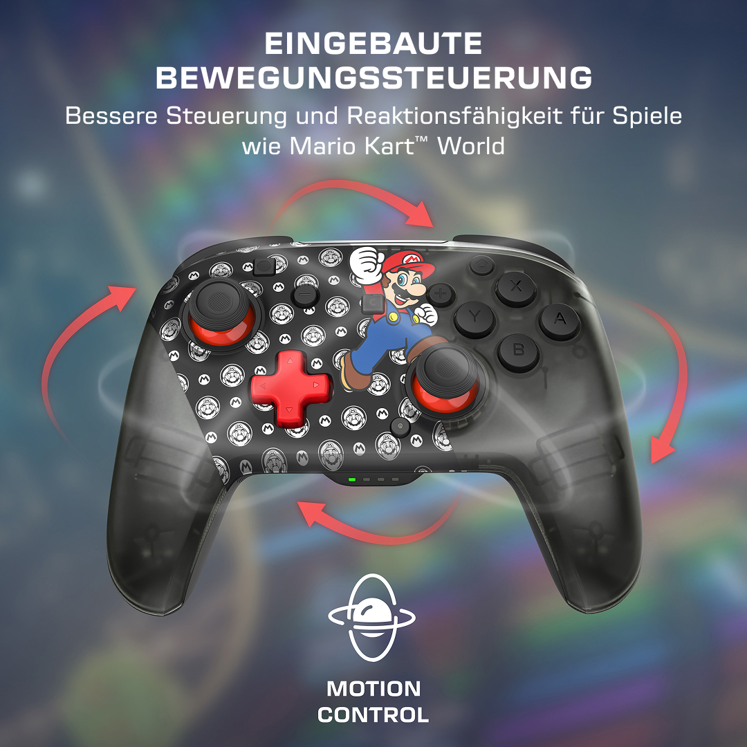 Schwarzer Controller mit Mario-Motiv, Motion Control Symbol und Pfeilen.