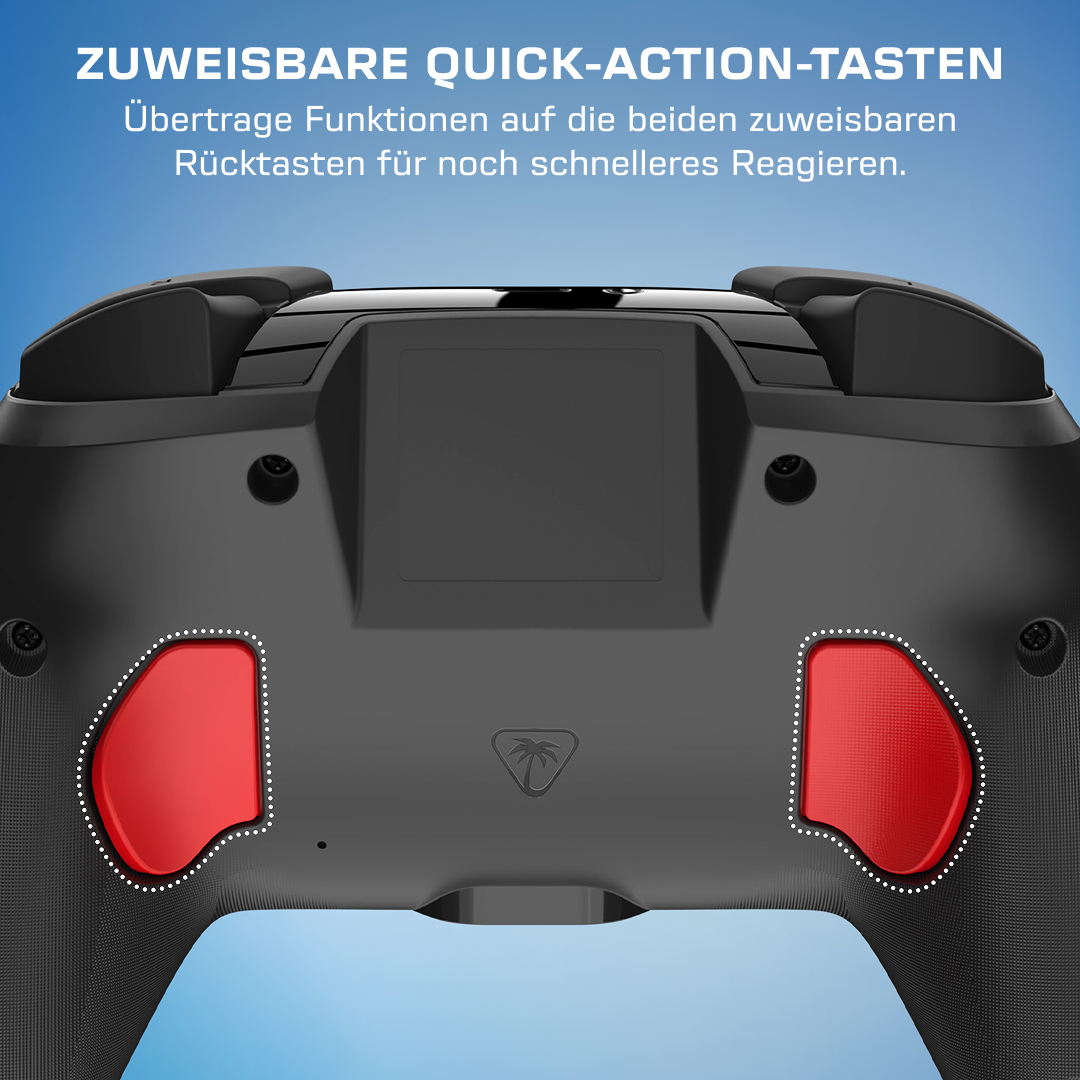 Rückseite eines schwarzen Controllers mit zwei roten, zuweisbaren Tasten.