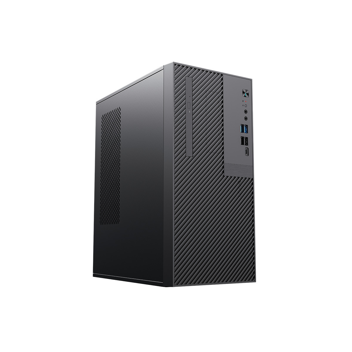 Una tower per computer desktop nera con pannello frontale testurizzato e porte USB.