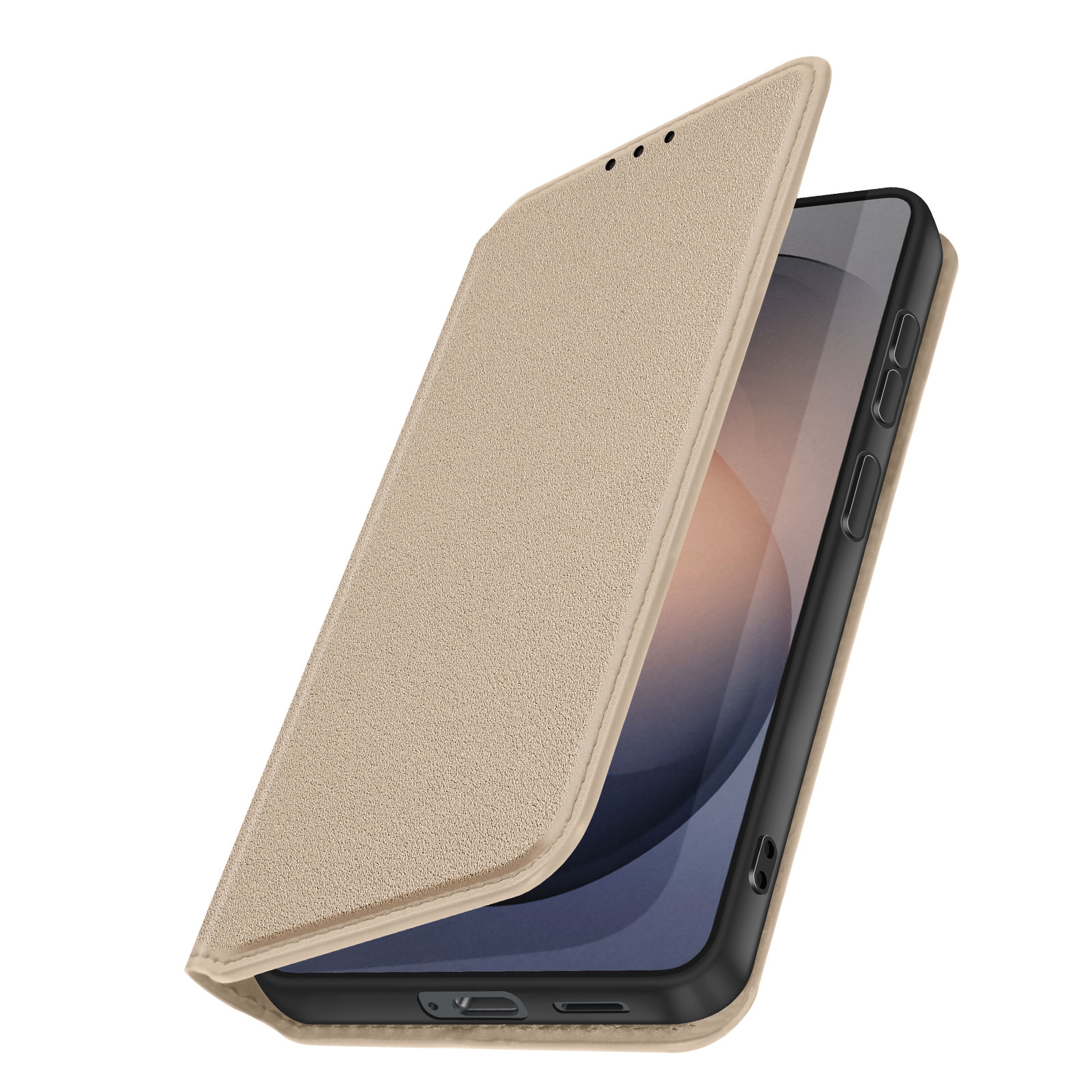 Una custodia a libro beige poggia su uno smartphone. La custodia è leggermente aperta.