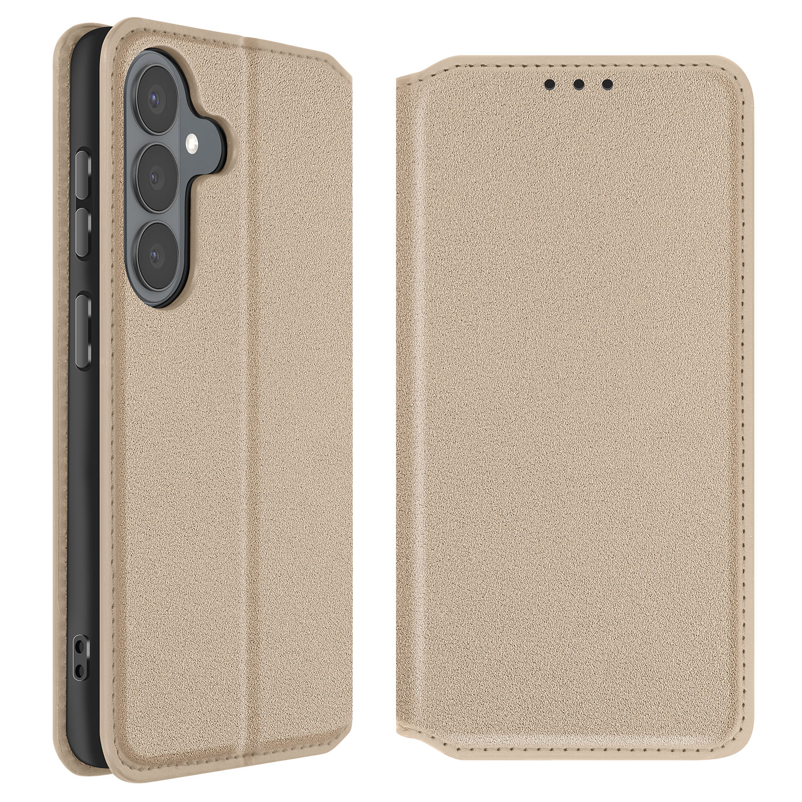 Custodia per telefono dorata con tre fotocamere sul lato sinistro.