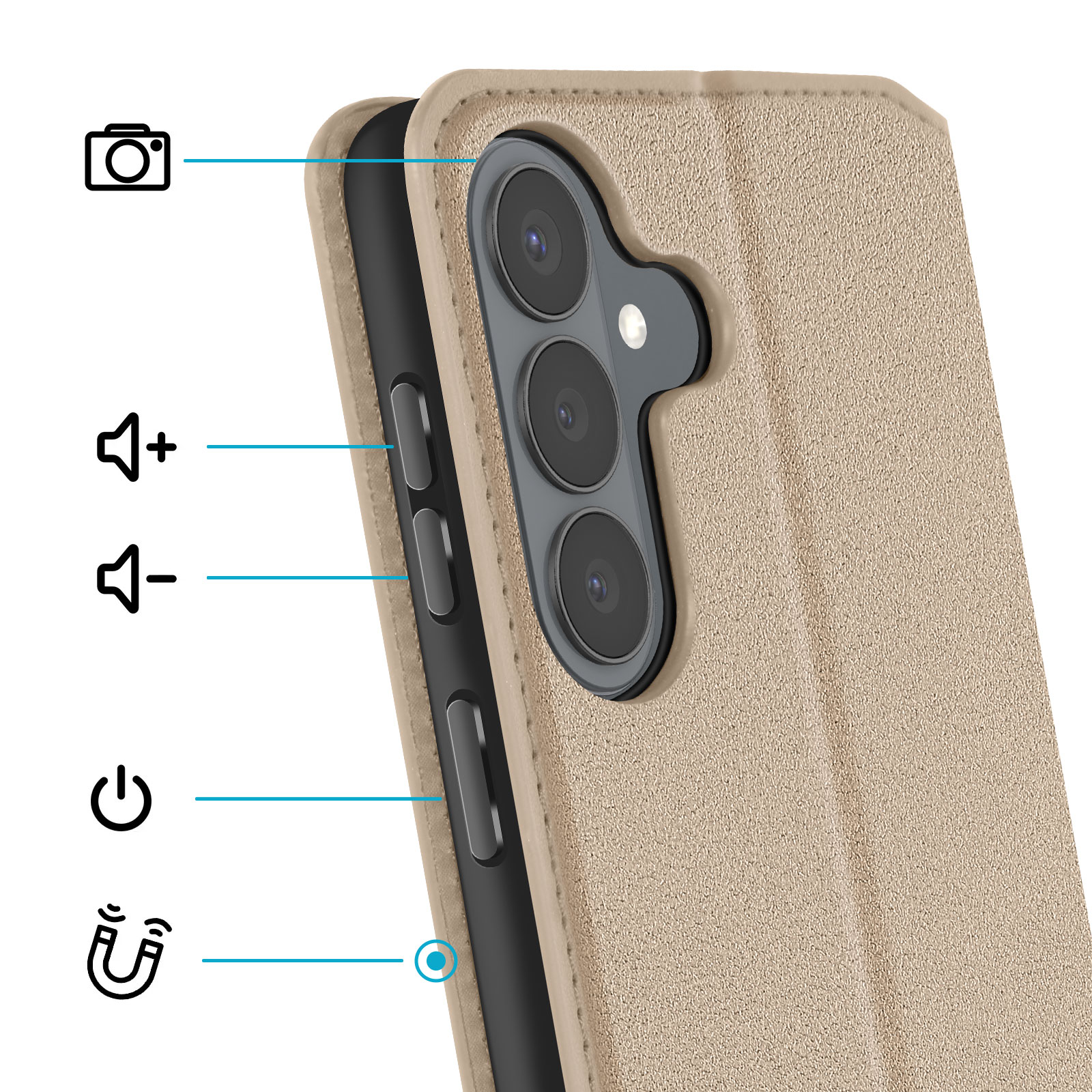 Primo piano di una custodia per telefono beige chiaro, che evidenzia fotocamera e pulsanti.