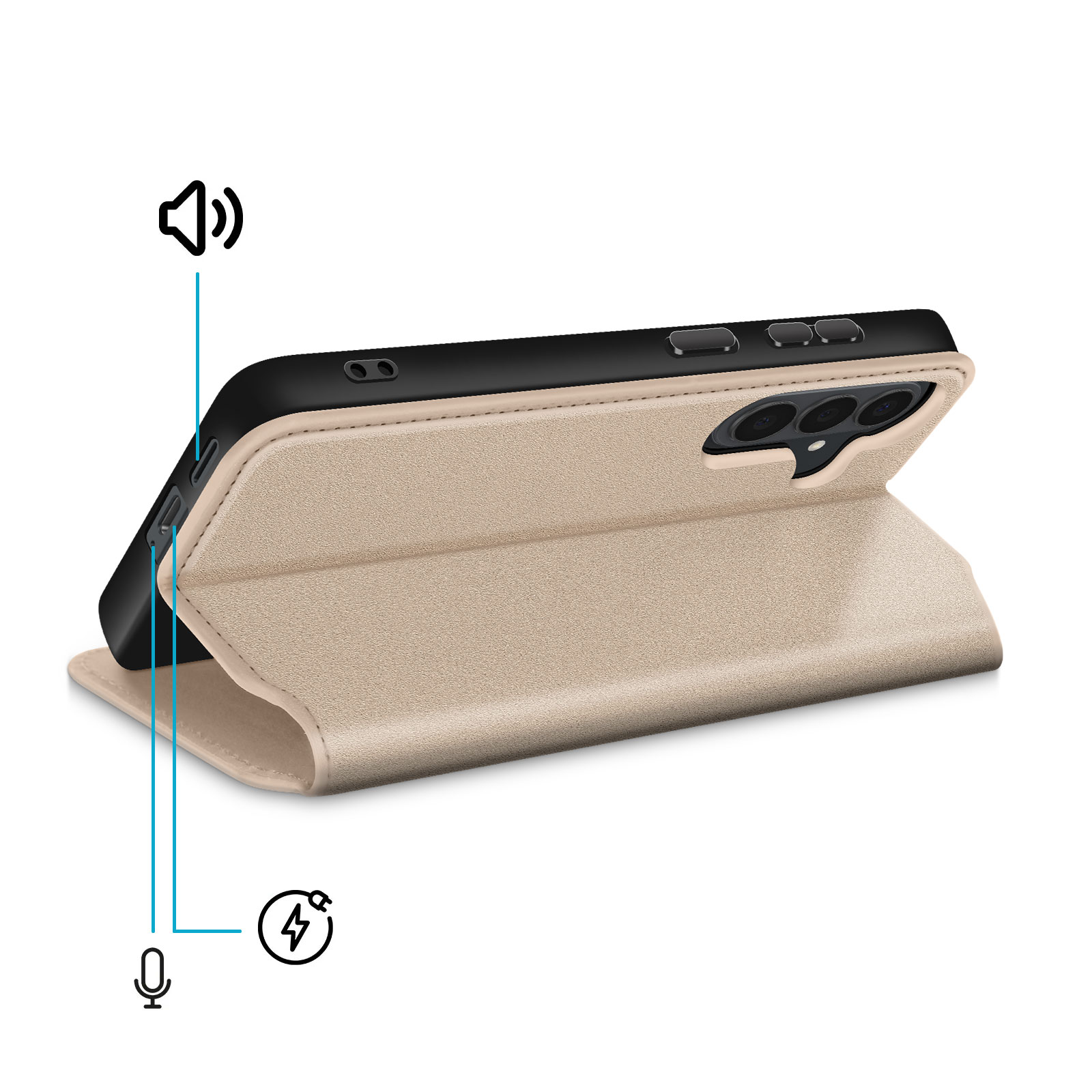 Una custodia per telefono beige con ritaglio fotocamera e icone altoparlante, microfono e ricarica.
