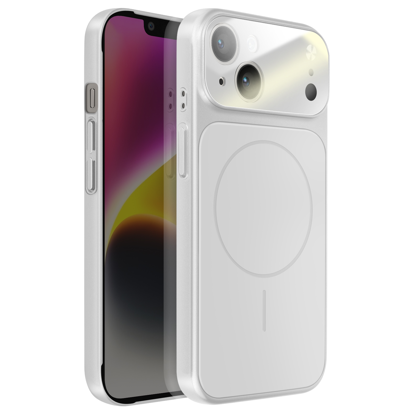 Un iPhone blanc avec un étui, posé sur une surface blanche.
