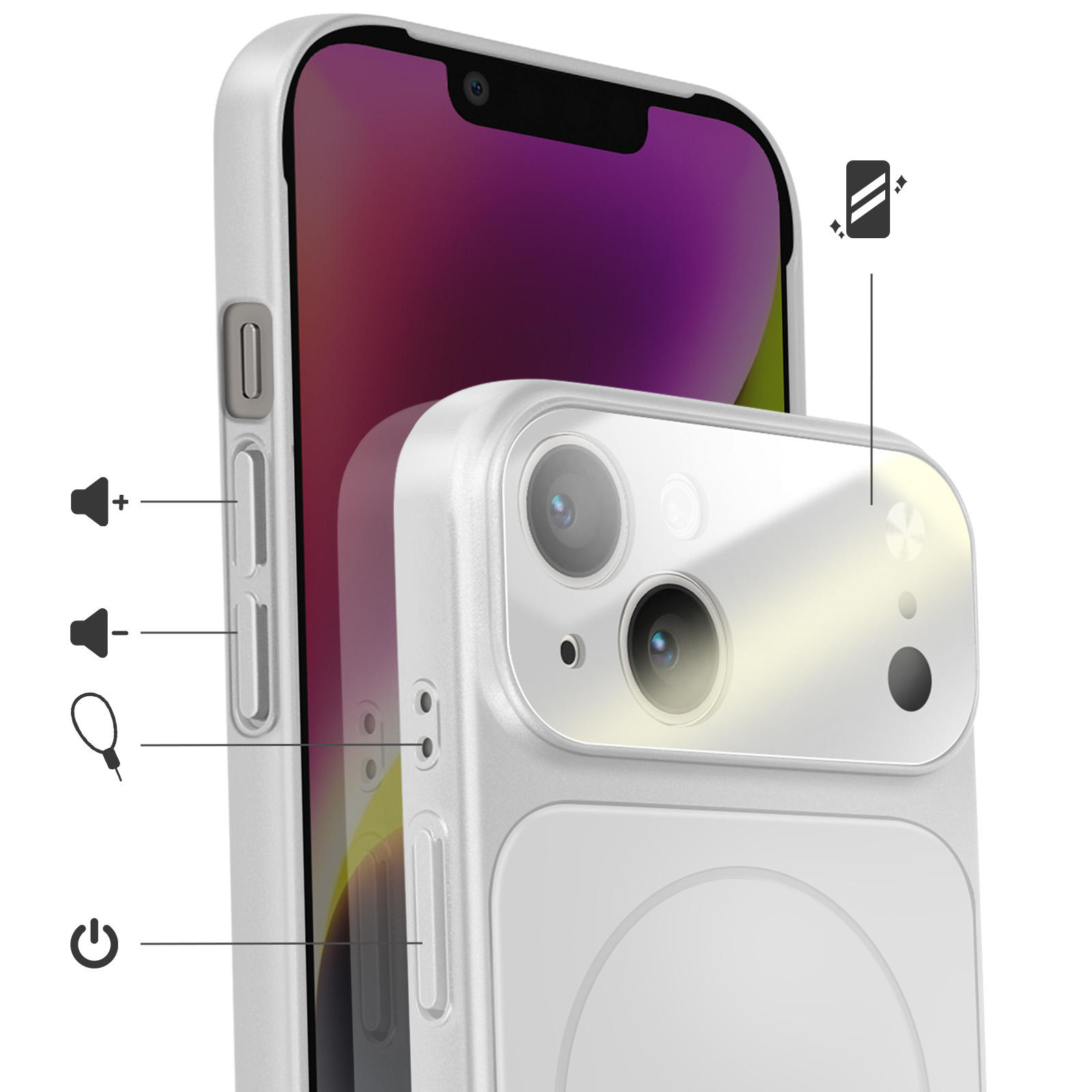 Coque iPhone blanche met en valeur les caméras, boutons et encoche d'écran avec icônes.