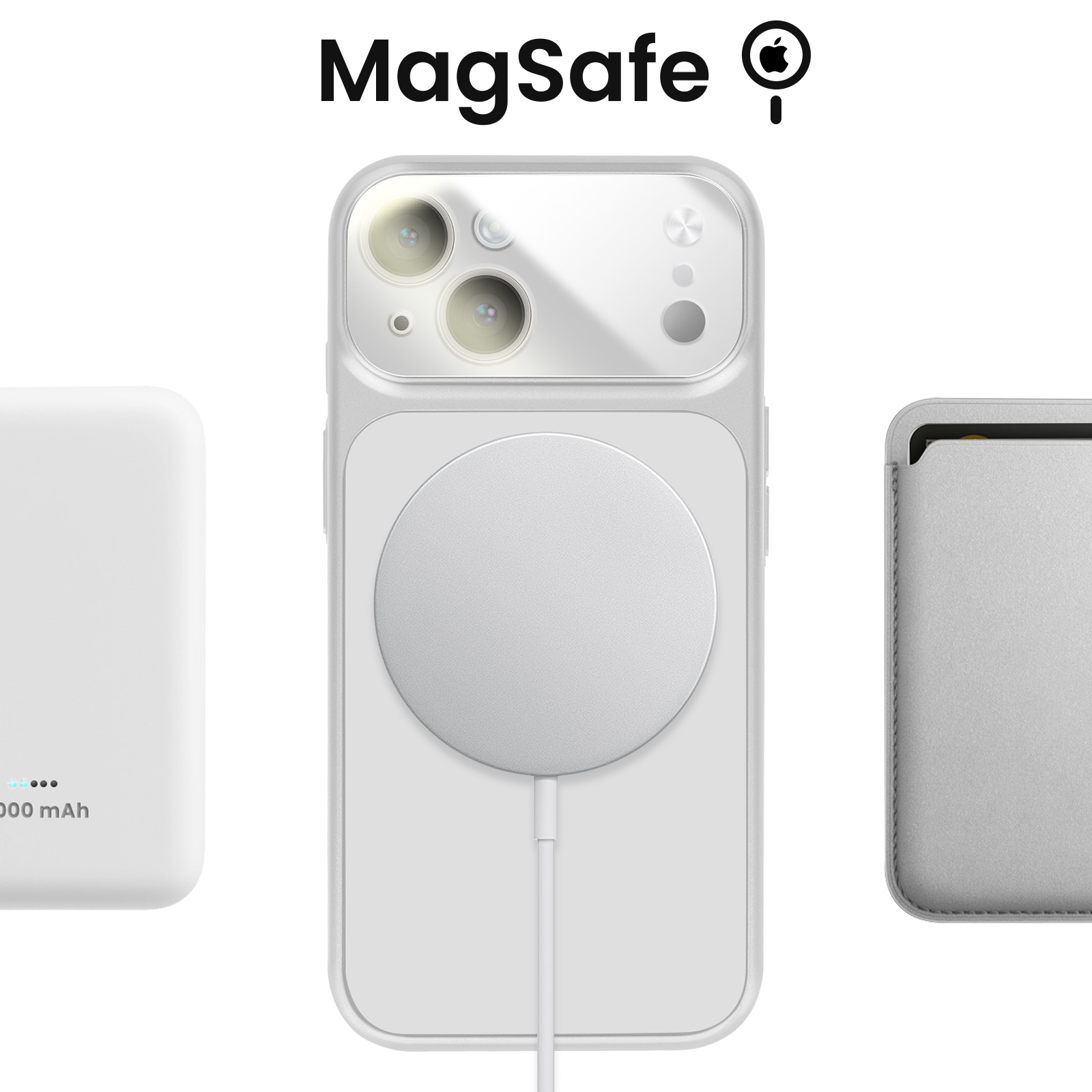 Coque MagSafe blanche avec cercle de charge, à côté d'un chargeur blanc et d'un portefeuille gris.