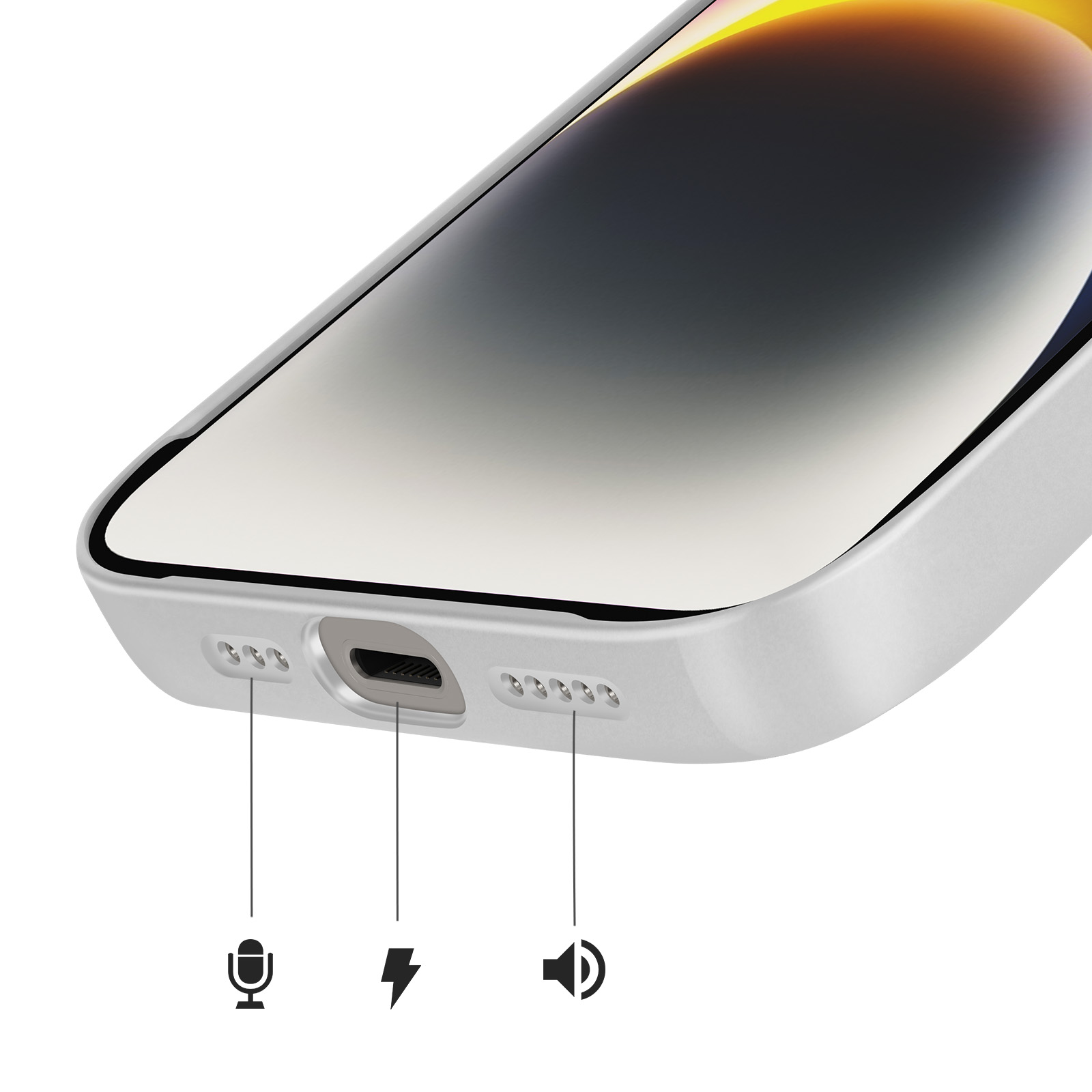 Gros plan d'une coque de téléphone blanche montrant le port de charge, les icônes micro et haut-parleur.