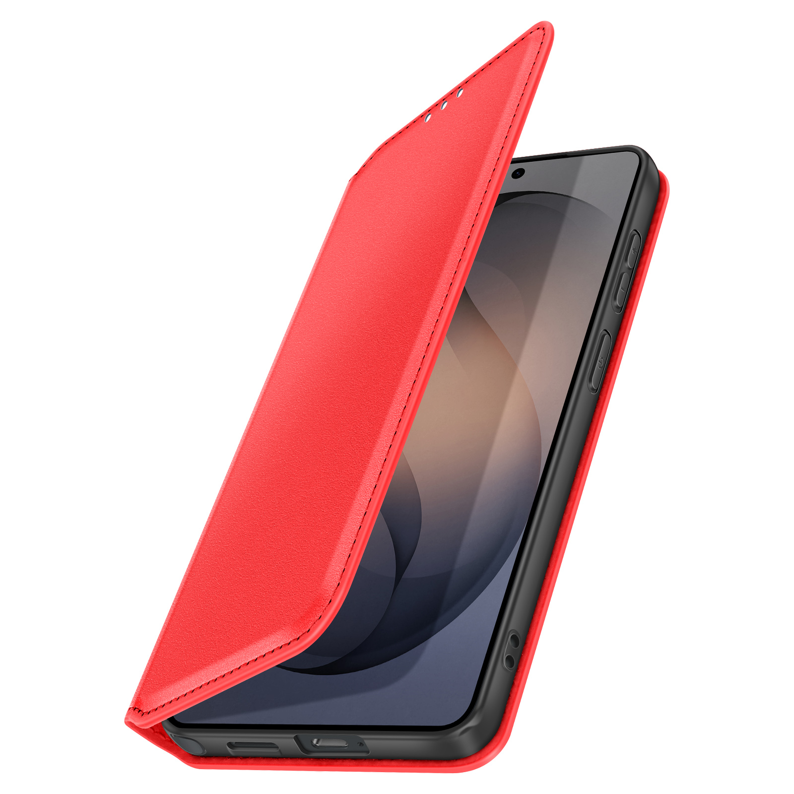 Custodia a libro rossa aperta che protegge un lato di uno smartphone.