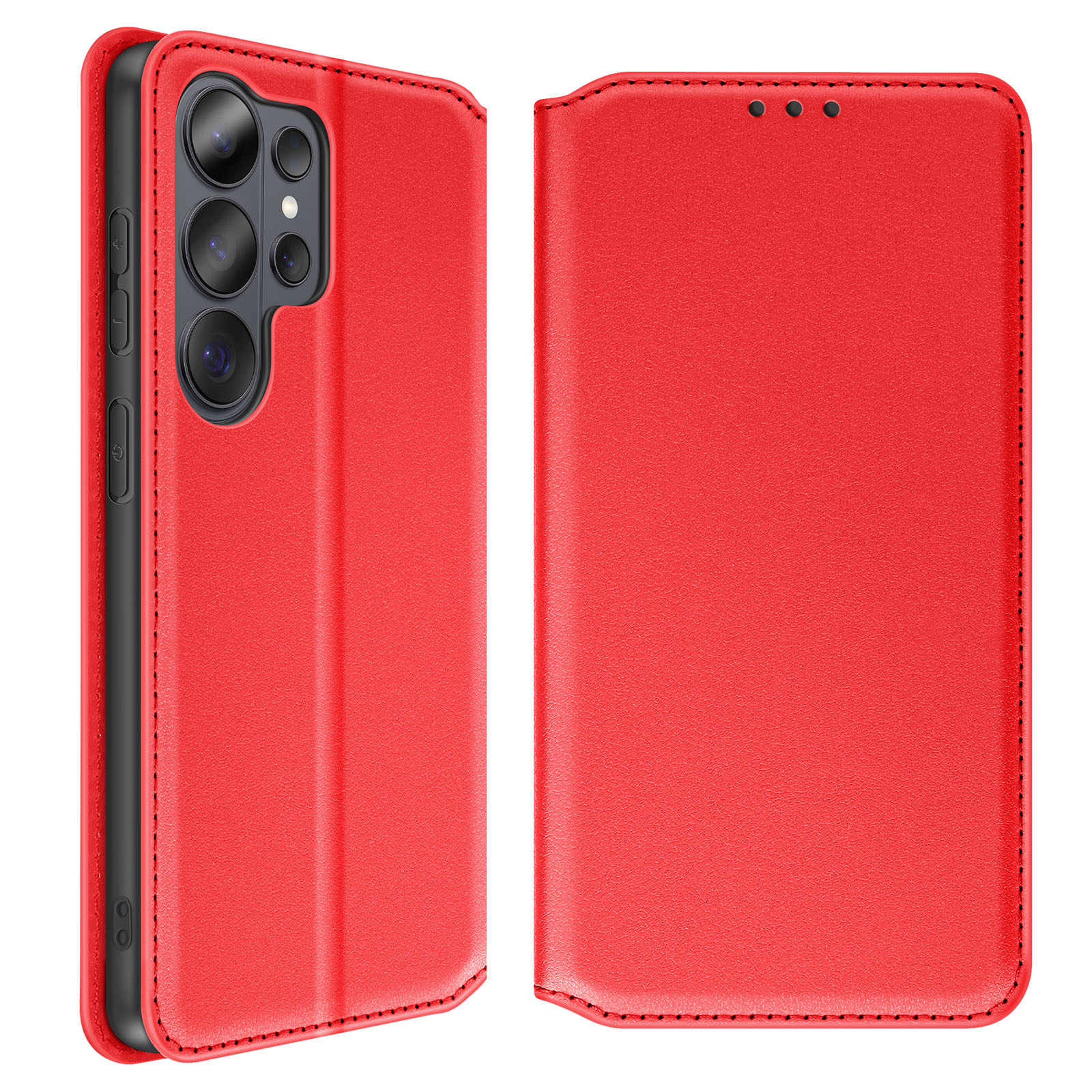 Custodia rossa aperta per telefono che mostra fotocamera e pulsanti.