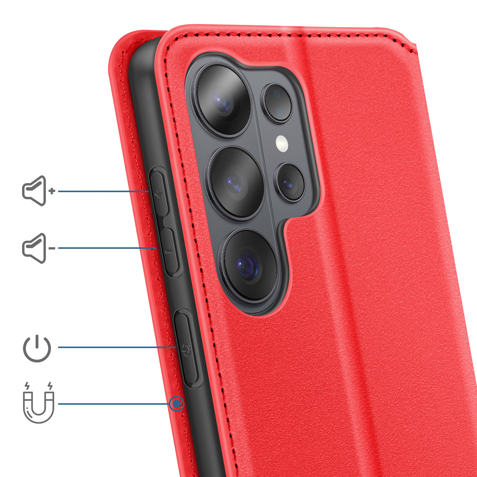 Custodia rossa per telefono con lenti e pulsanti, mostra icone per volume, accensione e magnete.