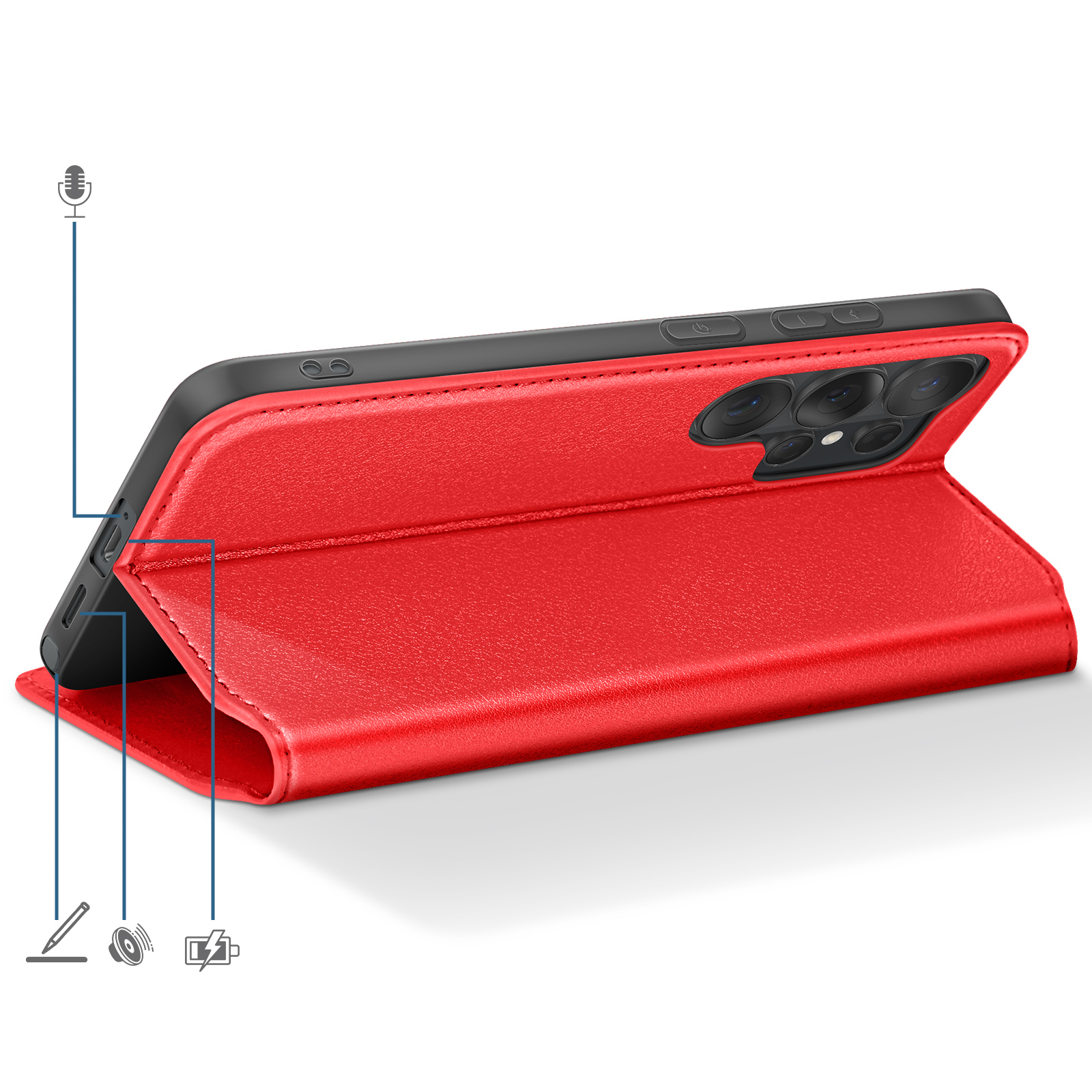 Custodia rossa per telefono con modulo fotocamera e icone per penna, altoparlante e batteria.