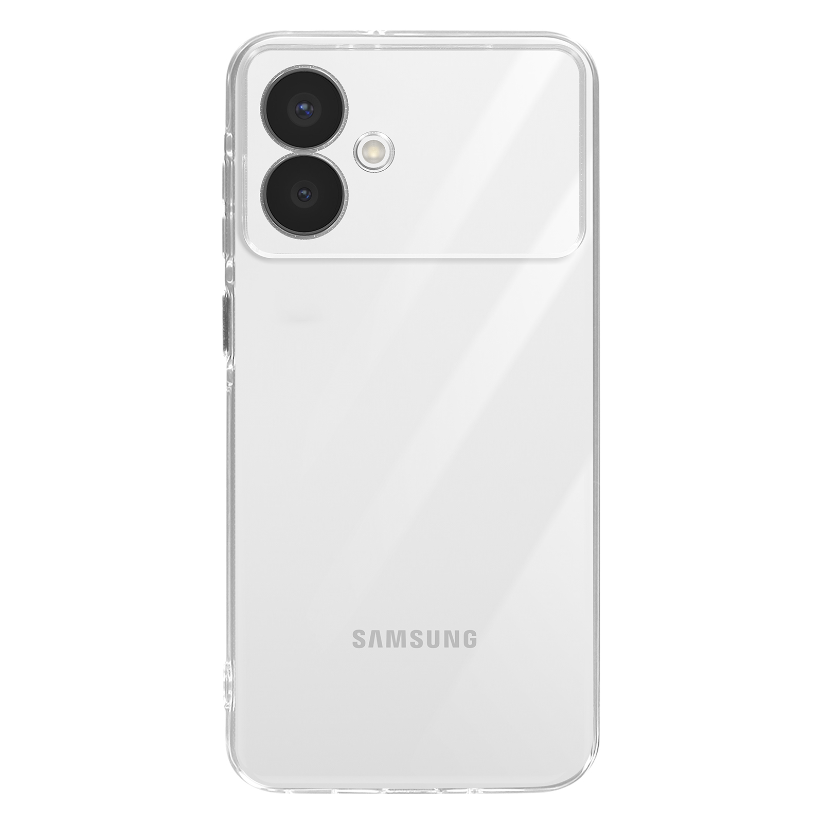 Une coque de téléphone transparente sur fond blanc. Le logo Samsung est visible.